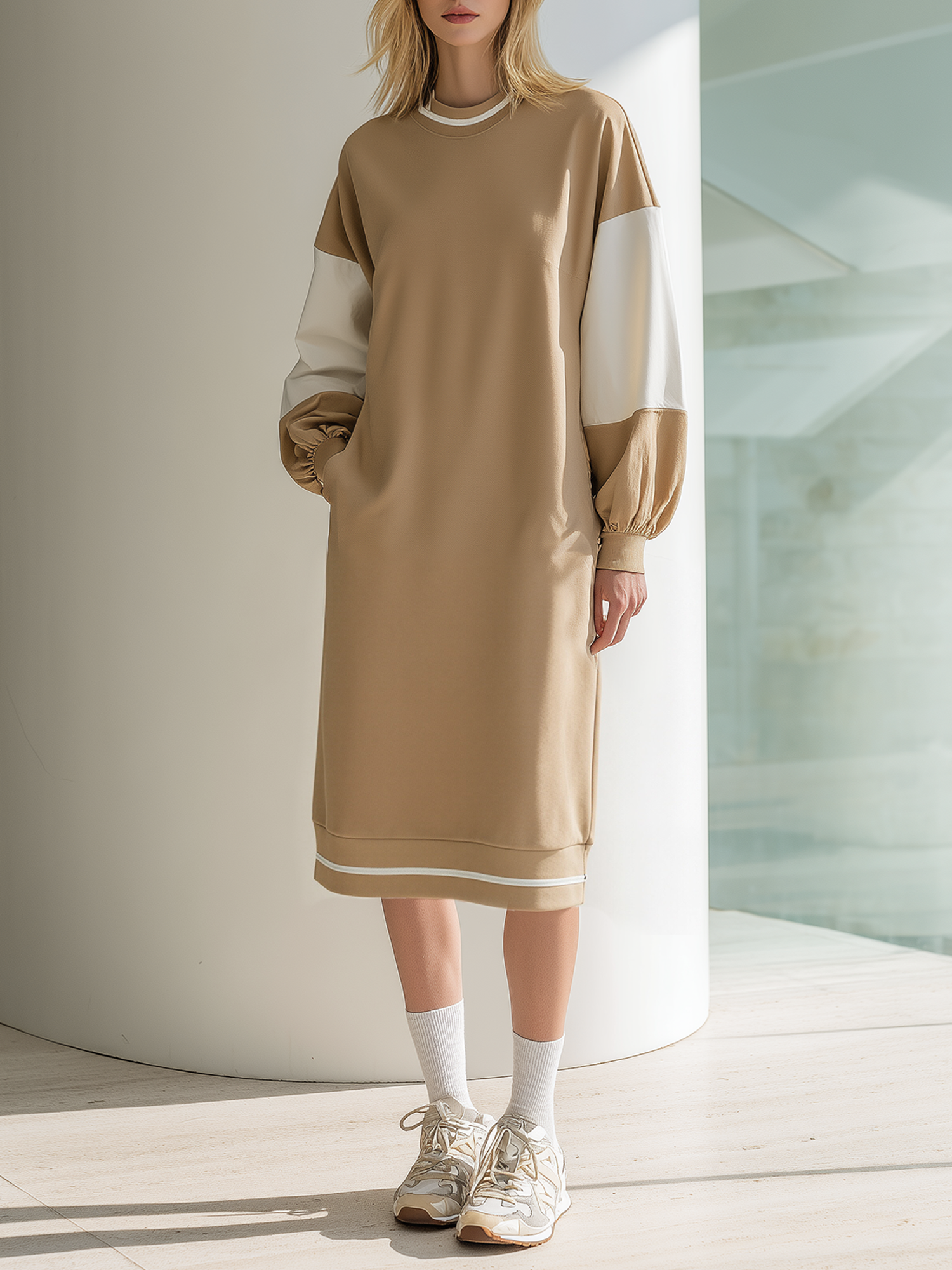 Khaki White Color Block Lantern Sleeve Long Sweatshirt Dress