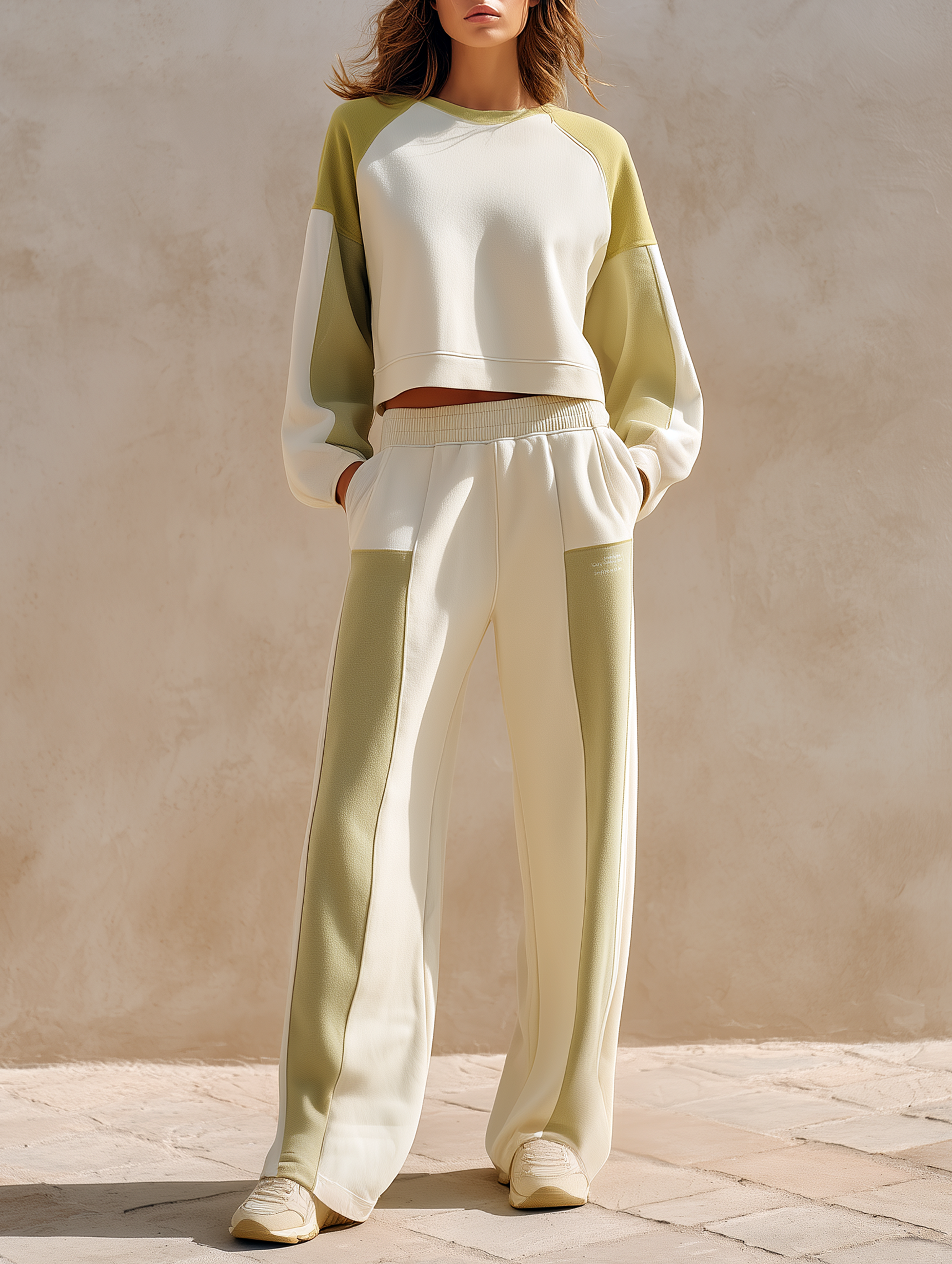 Avocado Green Color-Block Cropped Long-Sleeve Top And Wide-Leg Pants Set