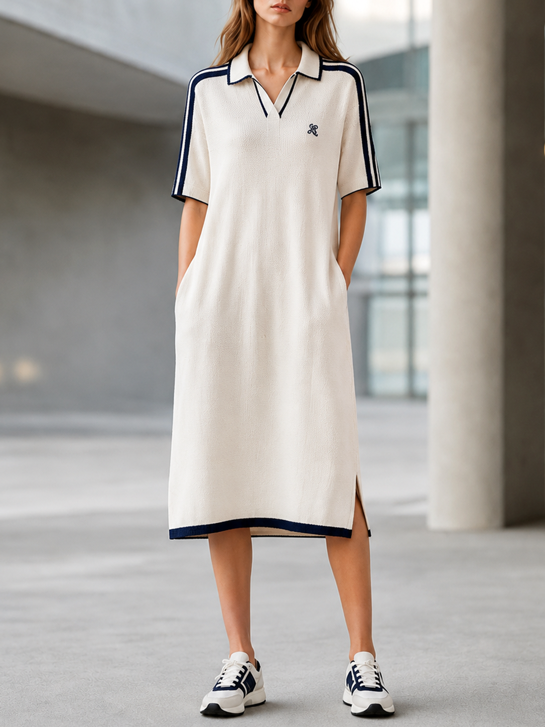 Off-white Loose Straight-cut Dress With Contrasting Stripes And A Polo Collar
