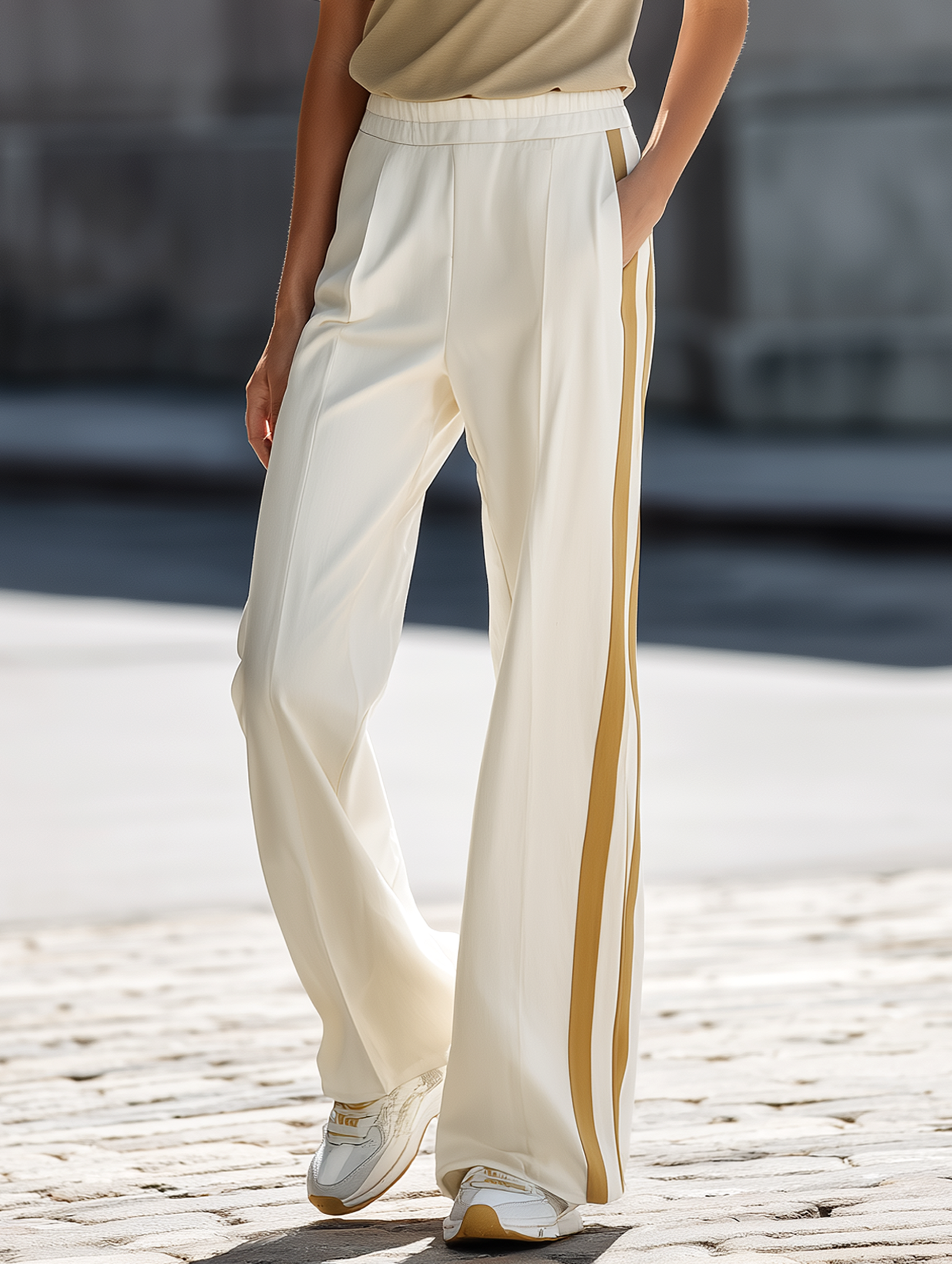 White High-waisted Wide-leg Trousers With Webbing Detail