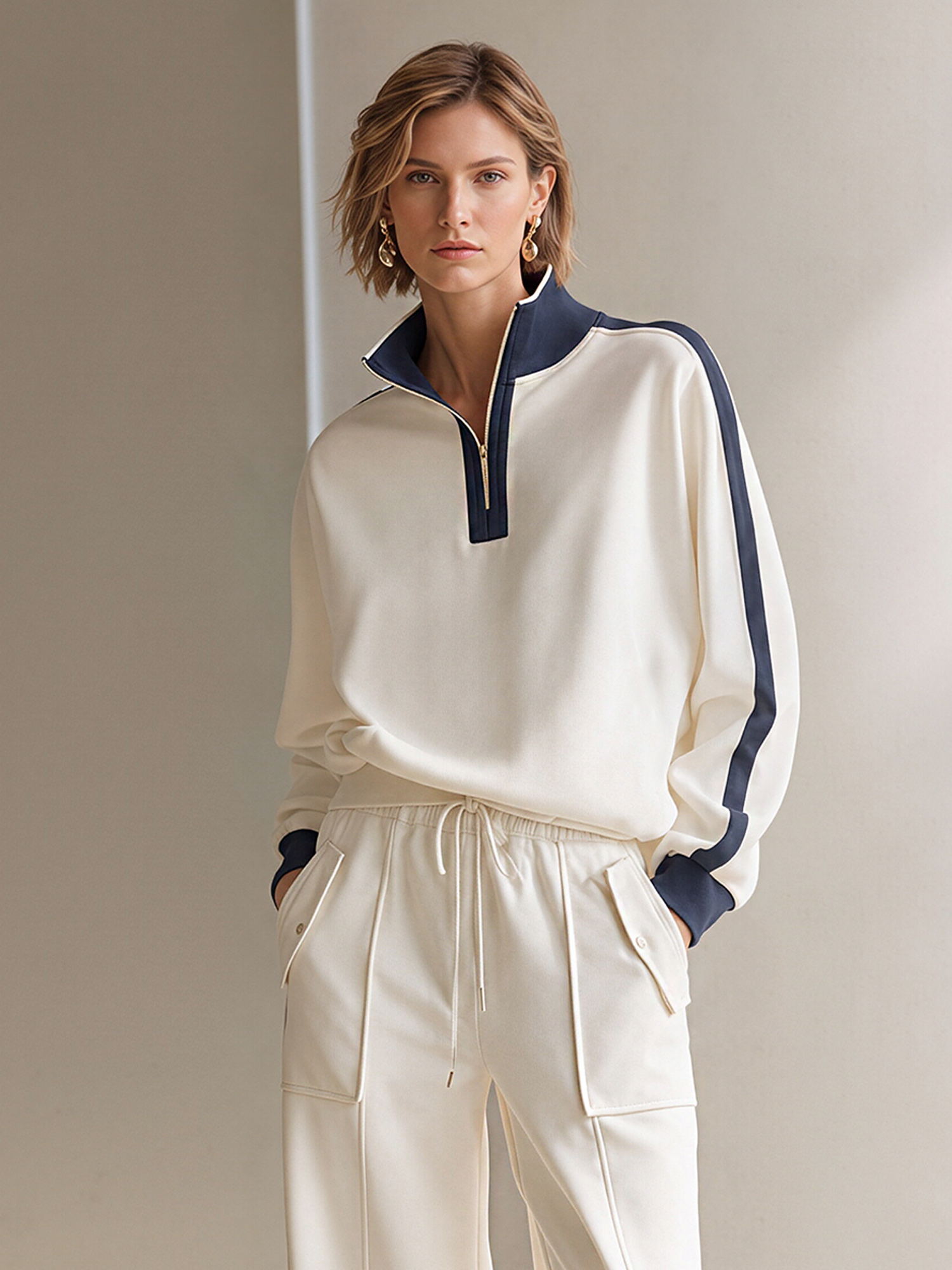 Off-white Long-sleeve Half-zip Sweatshirt With Color-blocking