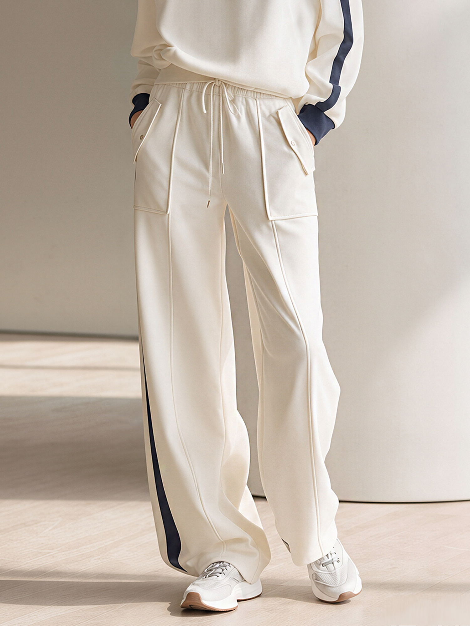 Off-white Wide-leg Trouser Set Featuring Contrasting Side Stripes And Pocket Detailing