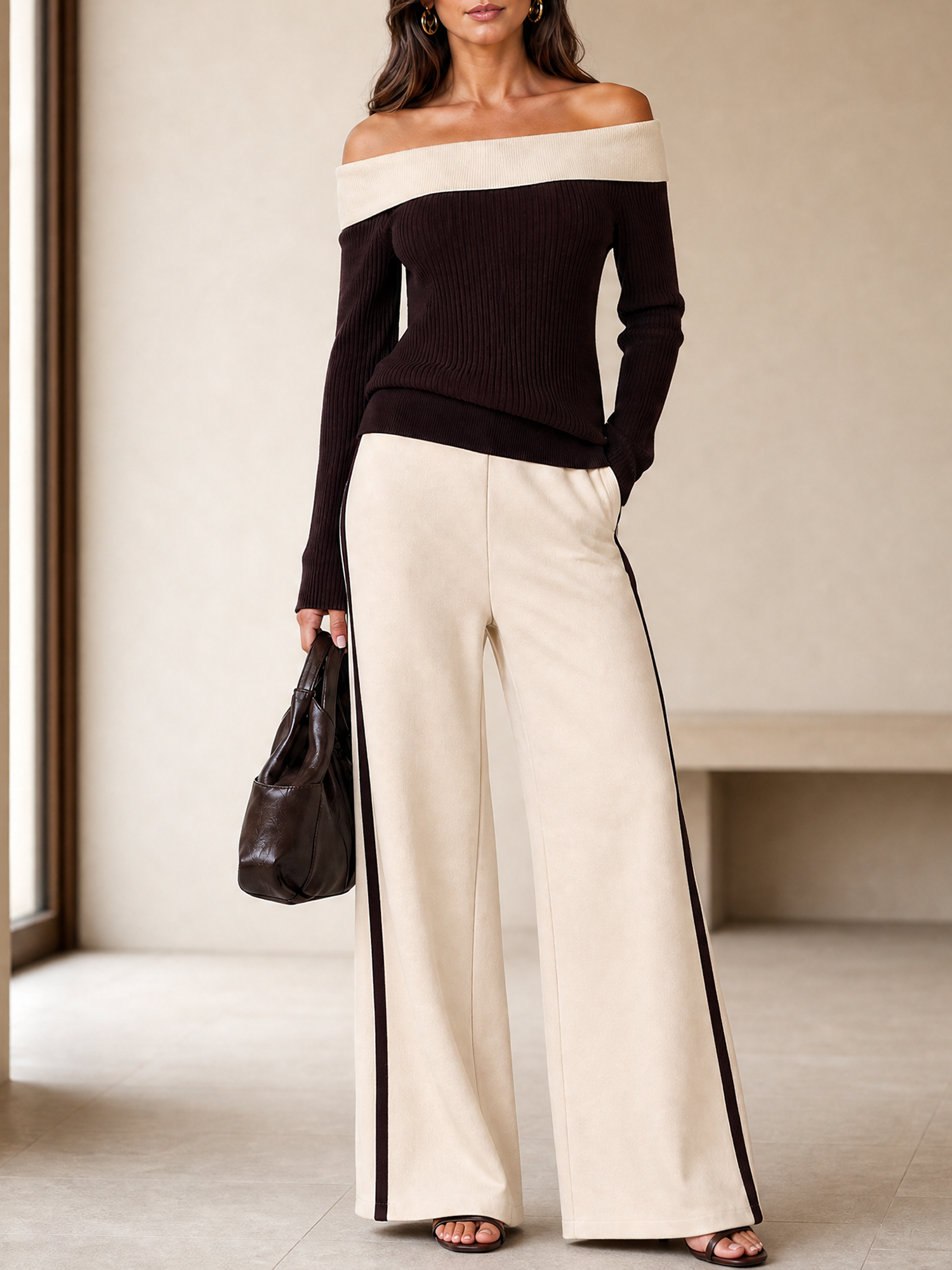 Off Shoulder Knit Top Wide Leg Pant Set