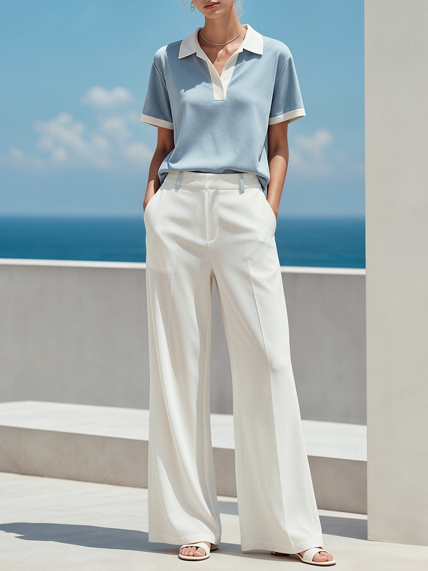 Light Blue Color-block Polo Shirt And White Wide-leg Trousers Set