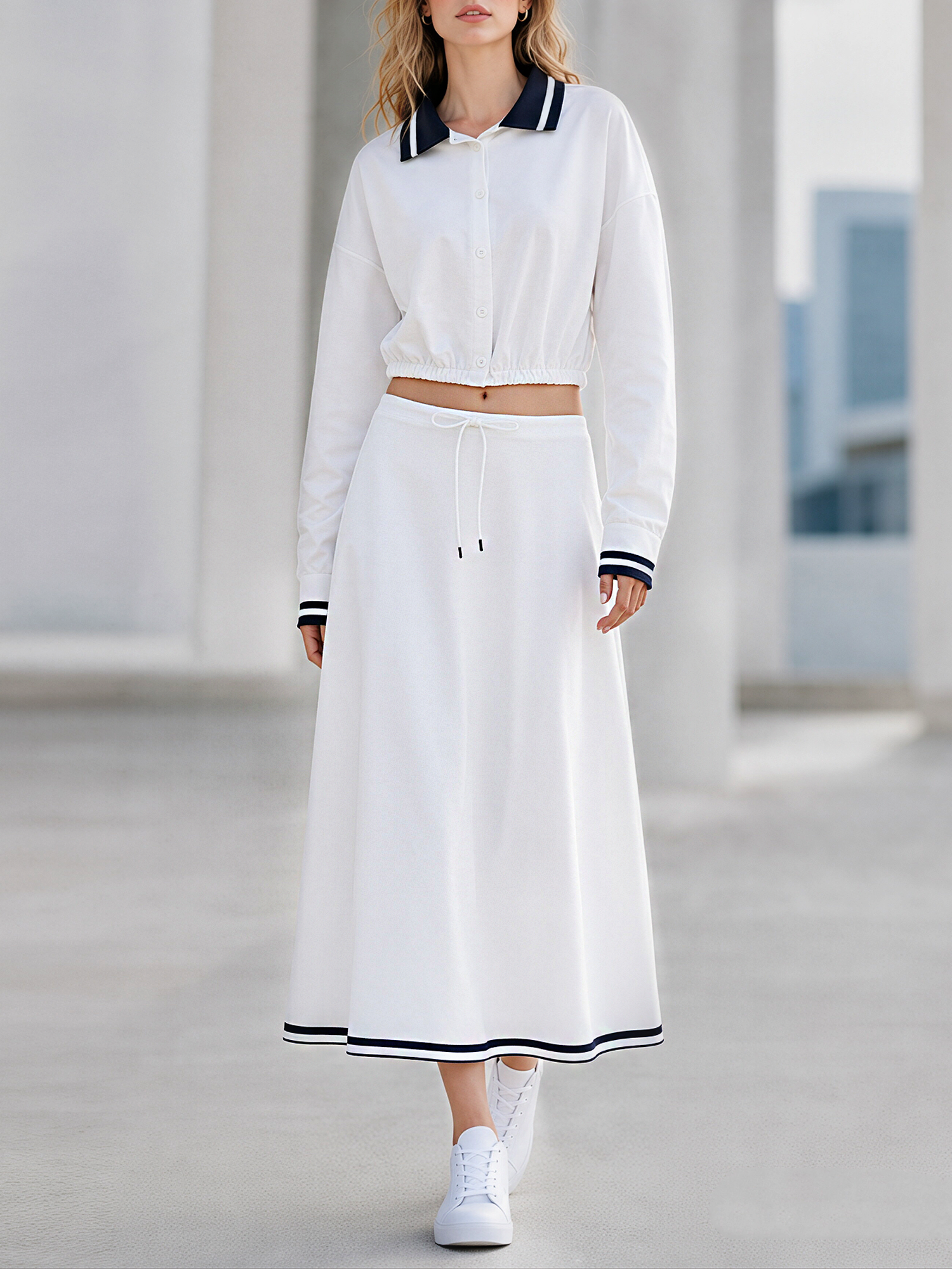 Navy Collar Cropped Drawstring Top & White Striped Midi Skirt Set