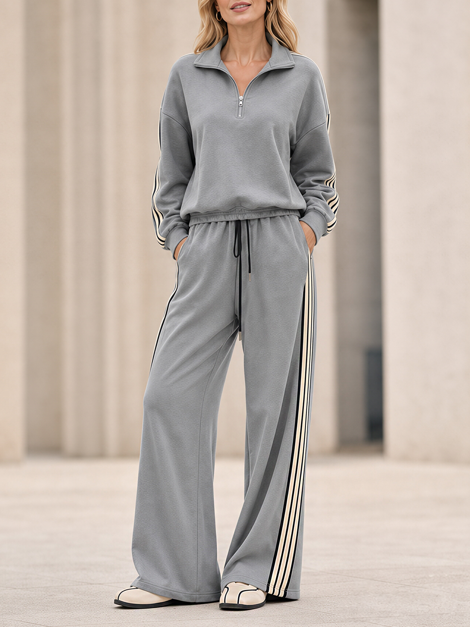 Light Grey Half-zip Top And Side-stripe Wide-leg Pants Set
