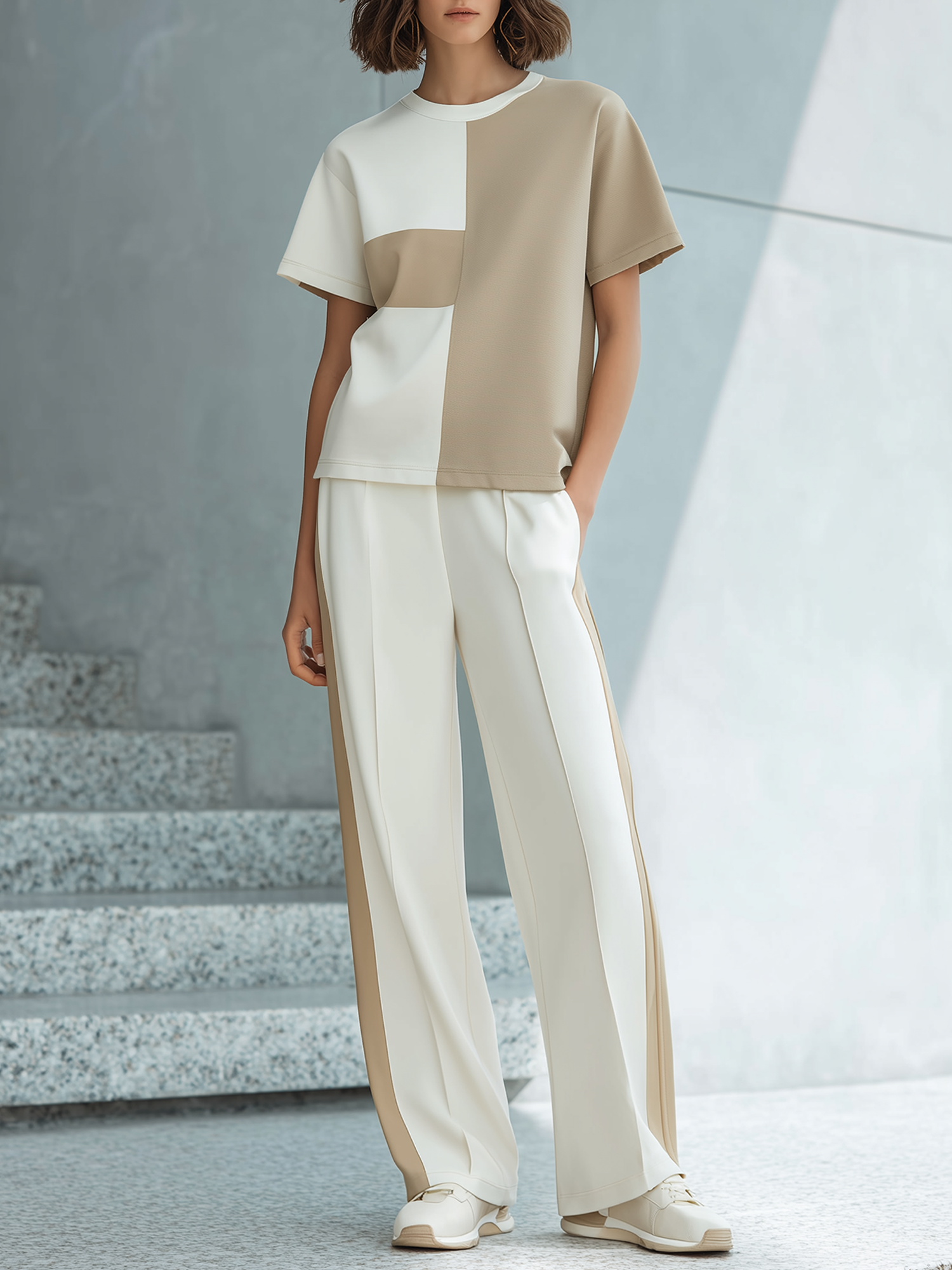 Off-white Color-block Short-sleeve T-shirt And Side-stripe Wide-leg Pants Set