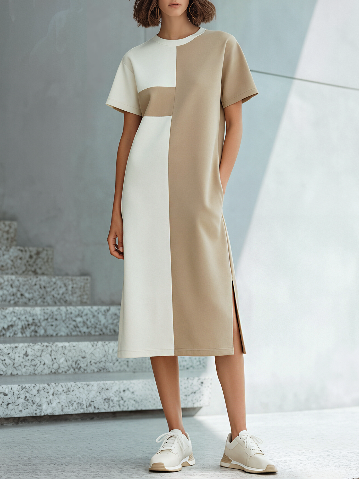 Off-white Geometric Color-block Midi Dress With Short Sleeves And Side Slits.