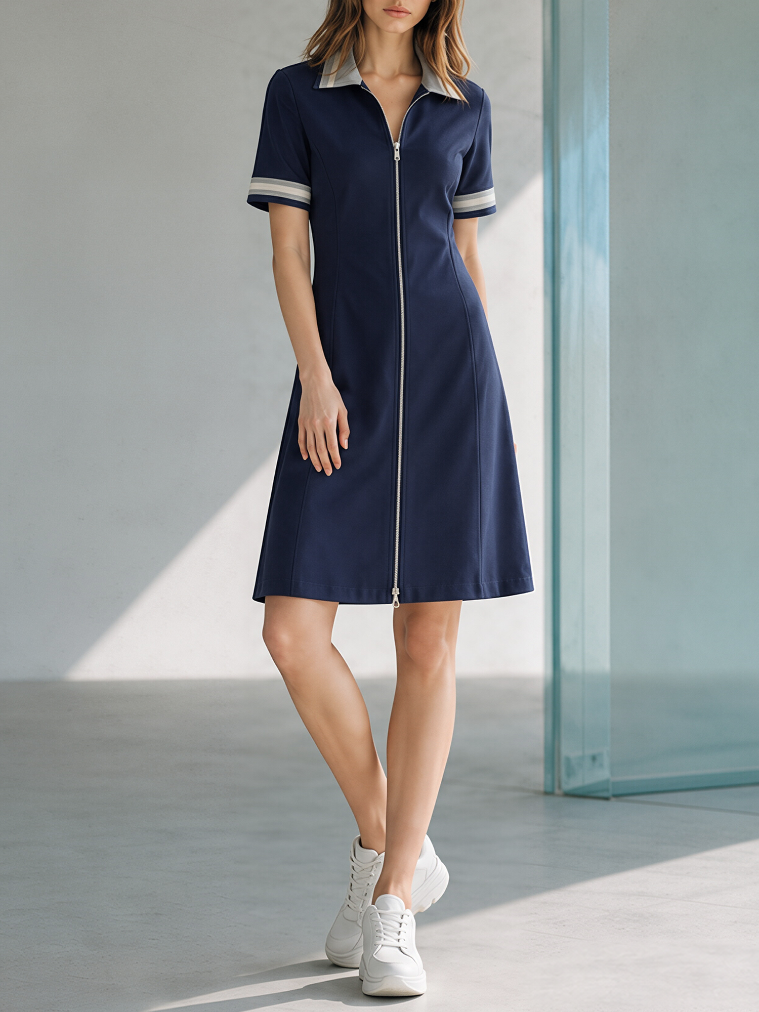Navy Blue Color-block Collared Zip-front Midi Dress With Short Sleeves