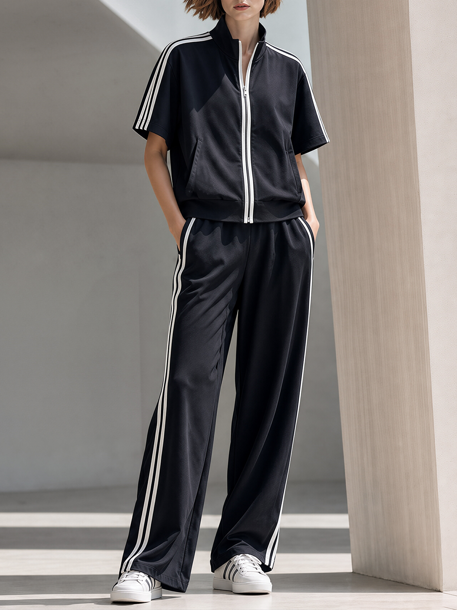 Black Stand-collar Zip-up Short-sleeve Top And Side-stripe Wide-leg Tracksuit Set