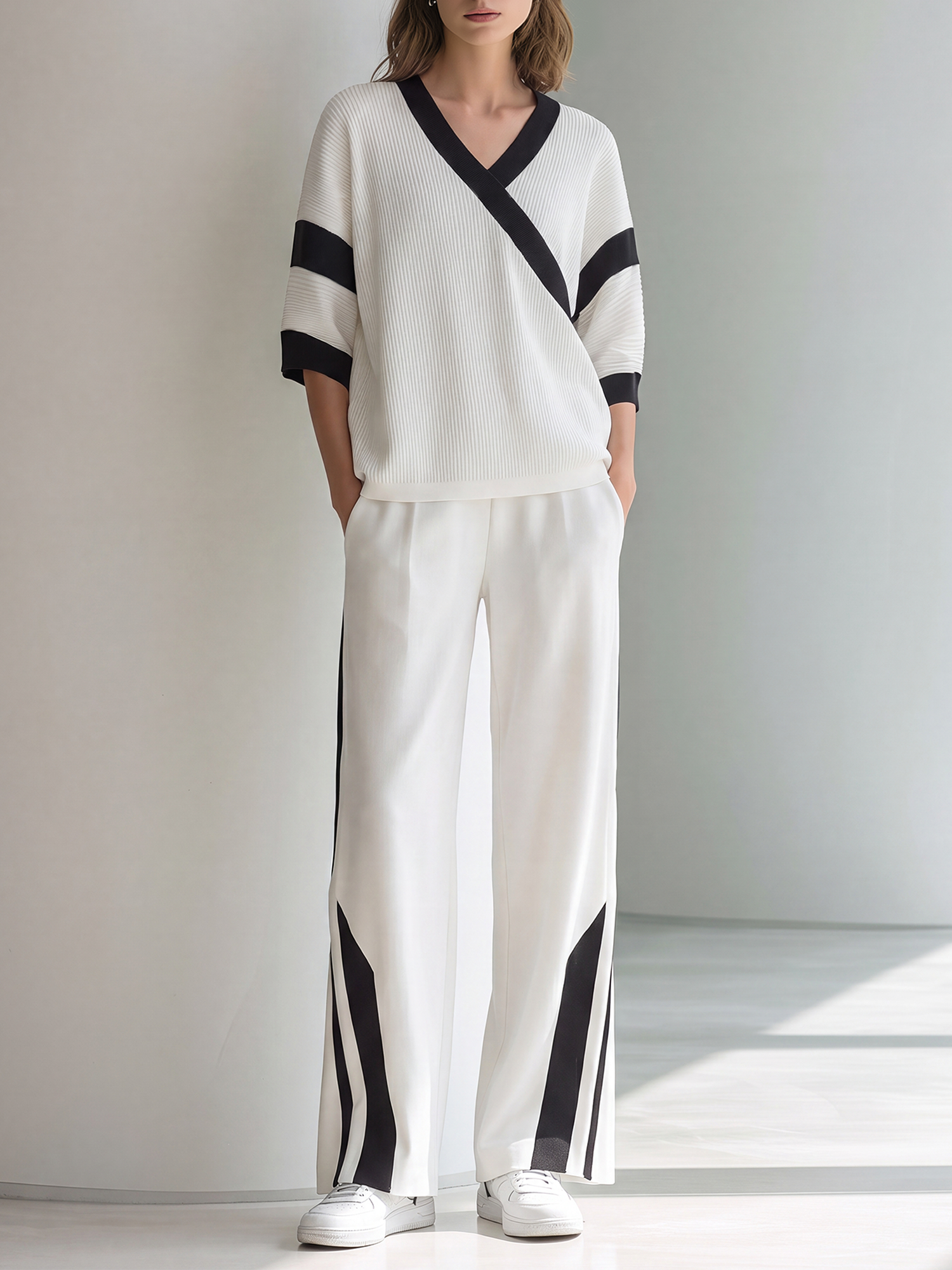Black And White Color-block V-neck Knit Top And Side-stripe Wide-leg Pants Set