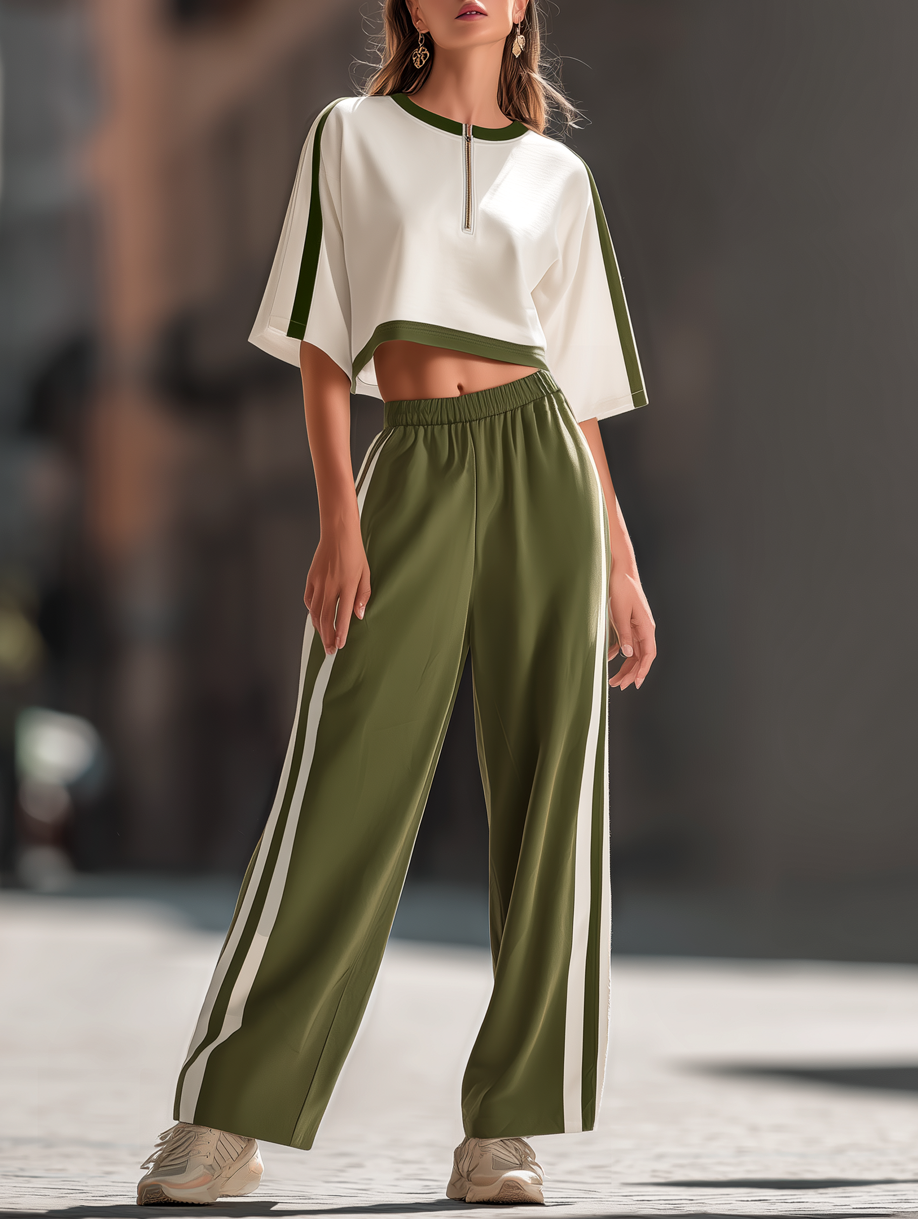 Off-white Half-zip Mid-sleeve Top And Army Green Wide-leg Trousers Set
