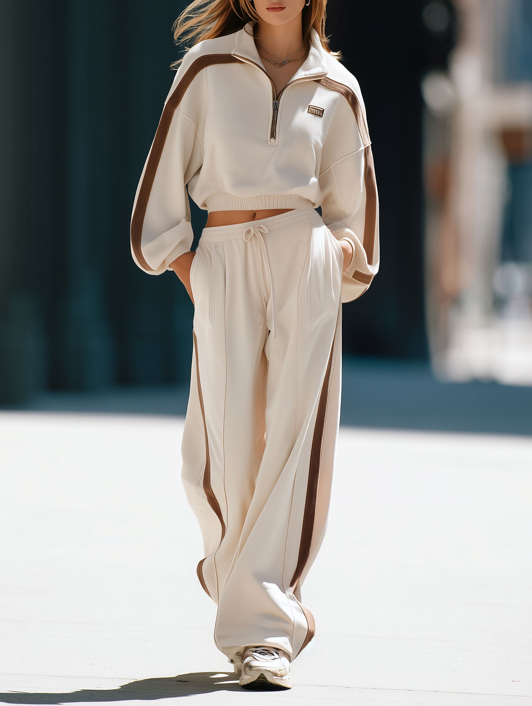Beige Color-block Cropped Sweatshirt And Wide-leg Pants Set