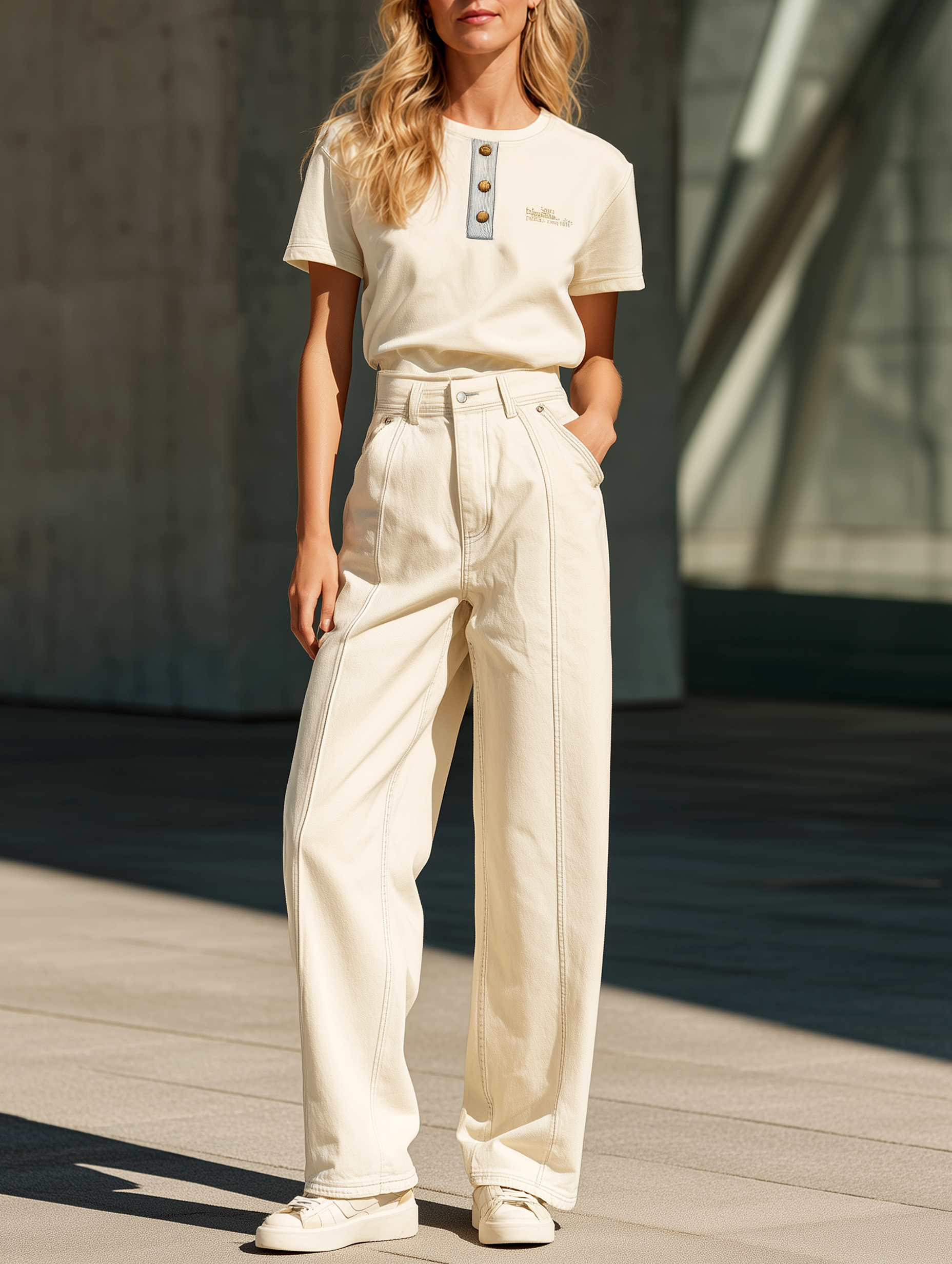 Off-White Short-Sleeved Straight-Leg Pants Set With Half-Button Closure