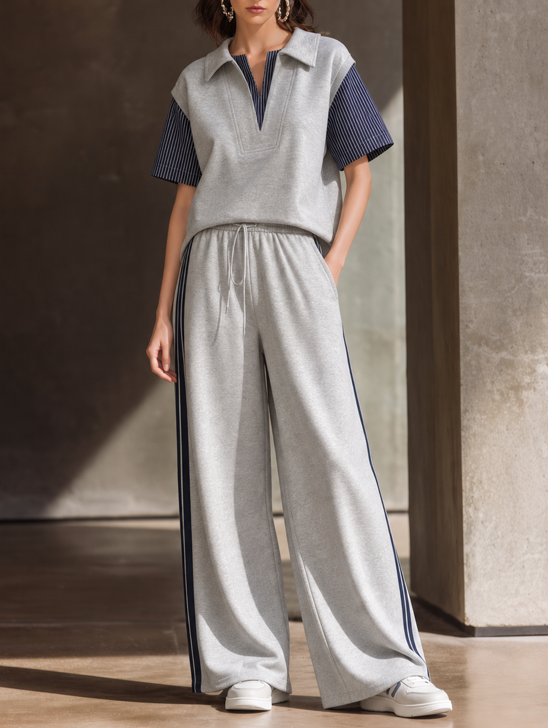 Light Grey Faux-layered Spliced top And Drawstring Wide-leg Pants Set
