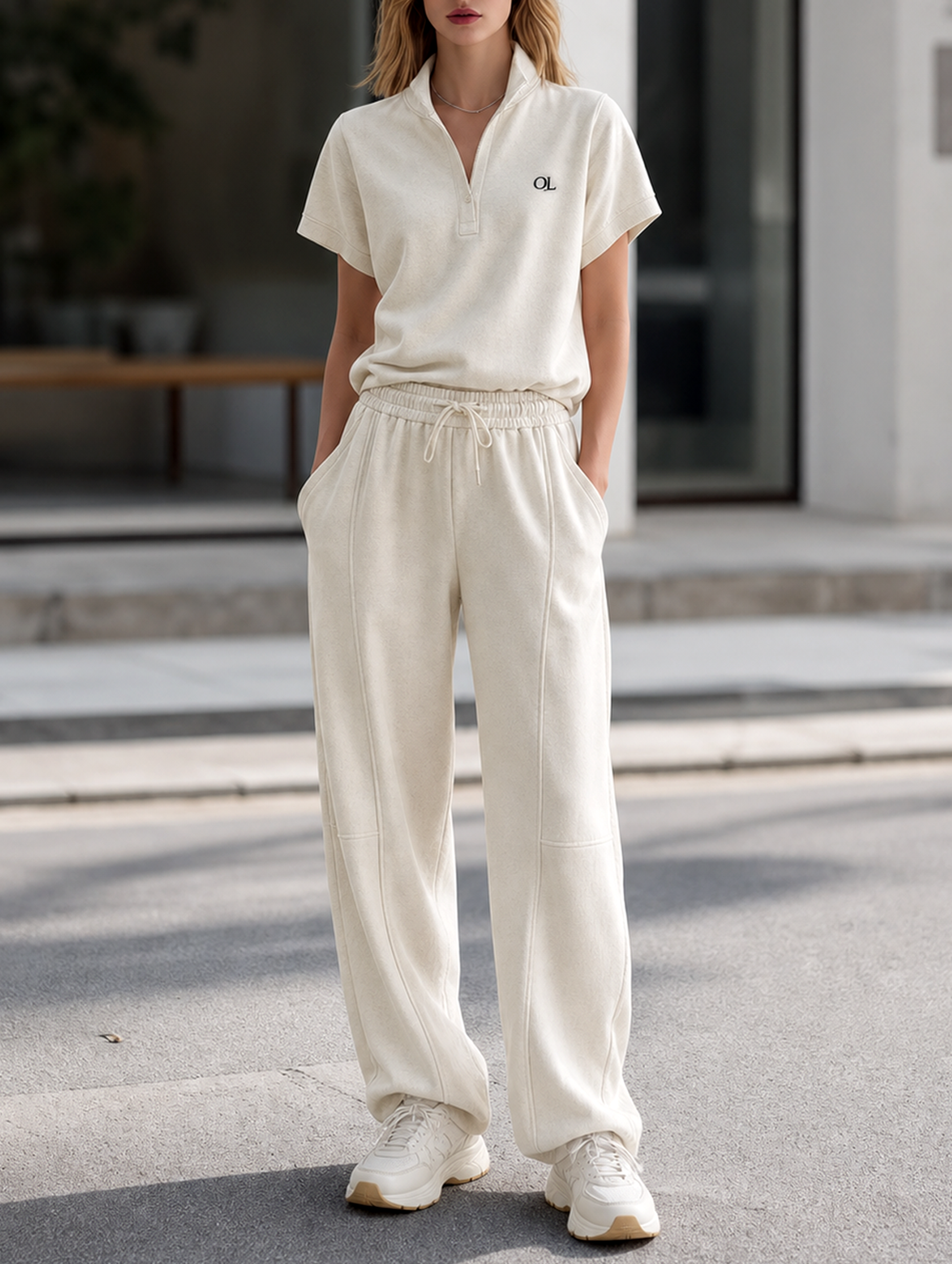 Beige Short-Sleeved Set With Small Embroidery And Loose Sweatpants