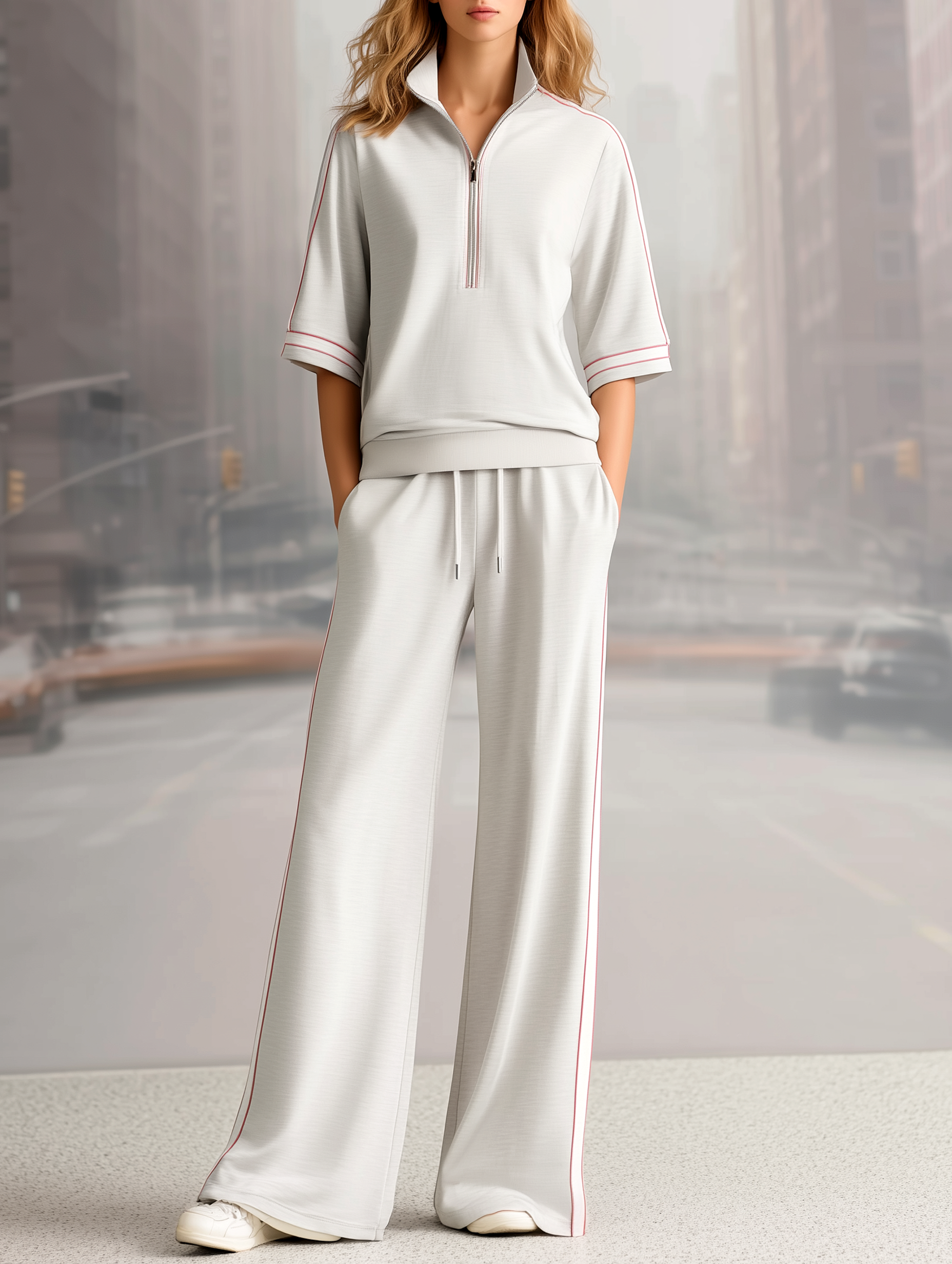 Light Grayish-pink Mid-sleeve Top And Wide-leg Trousers Set