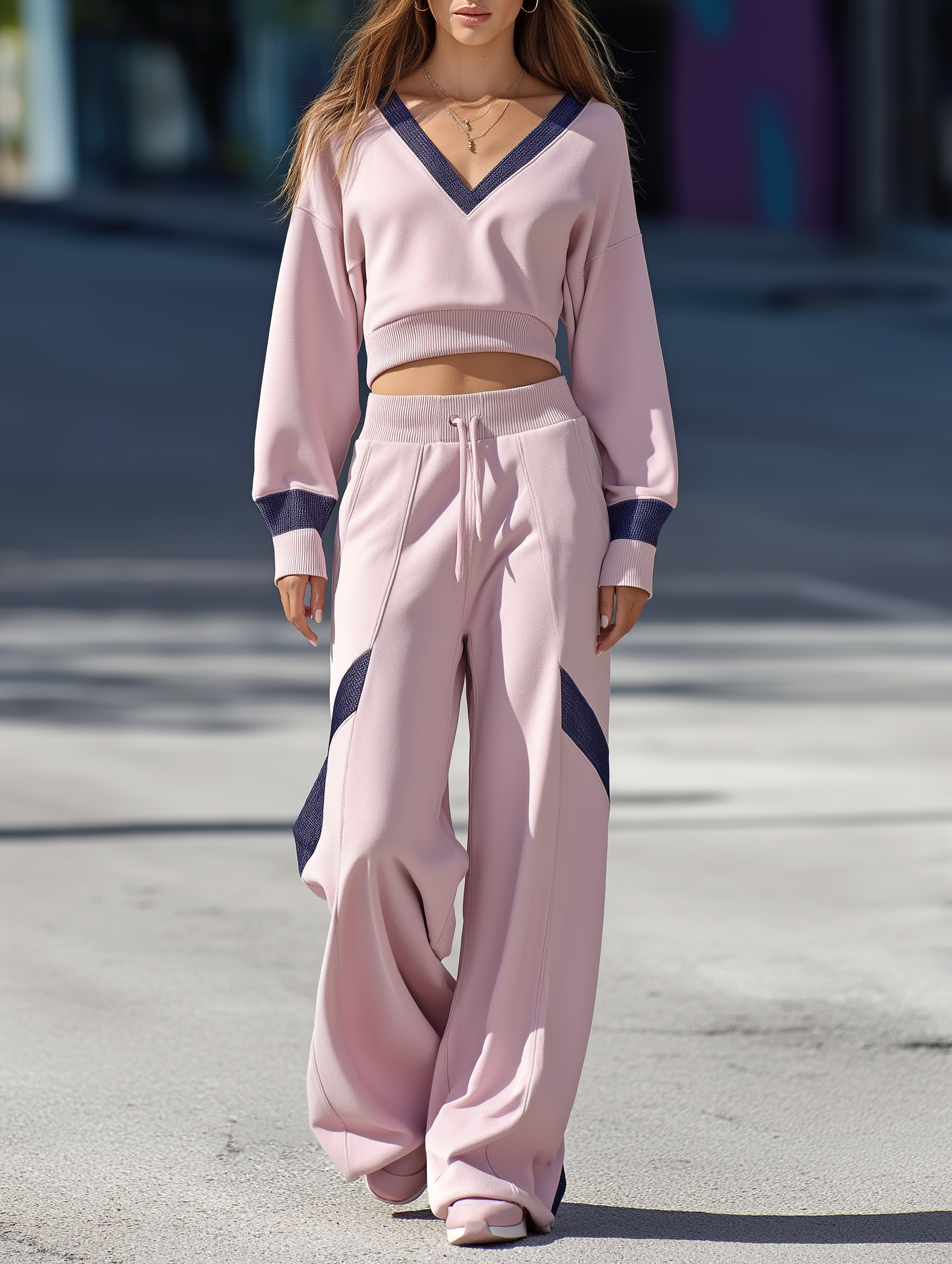 Dusty Purple V-neck Lightweight Sweatshirt And Wide-leg Pants Set
