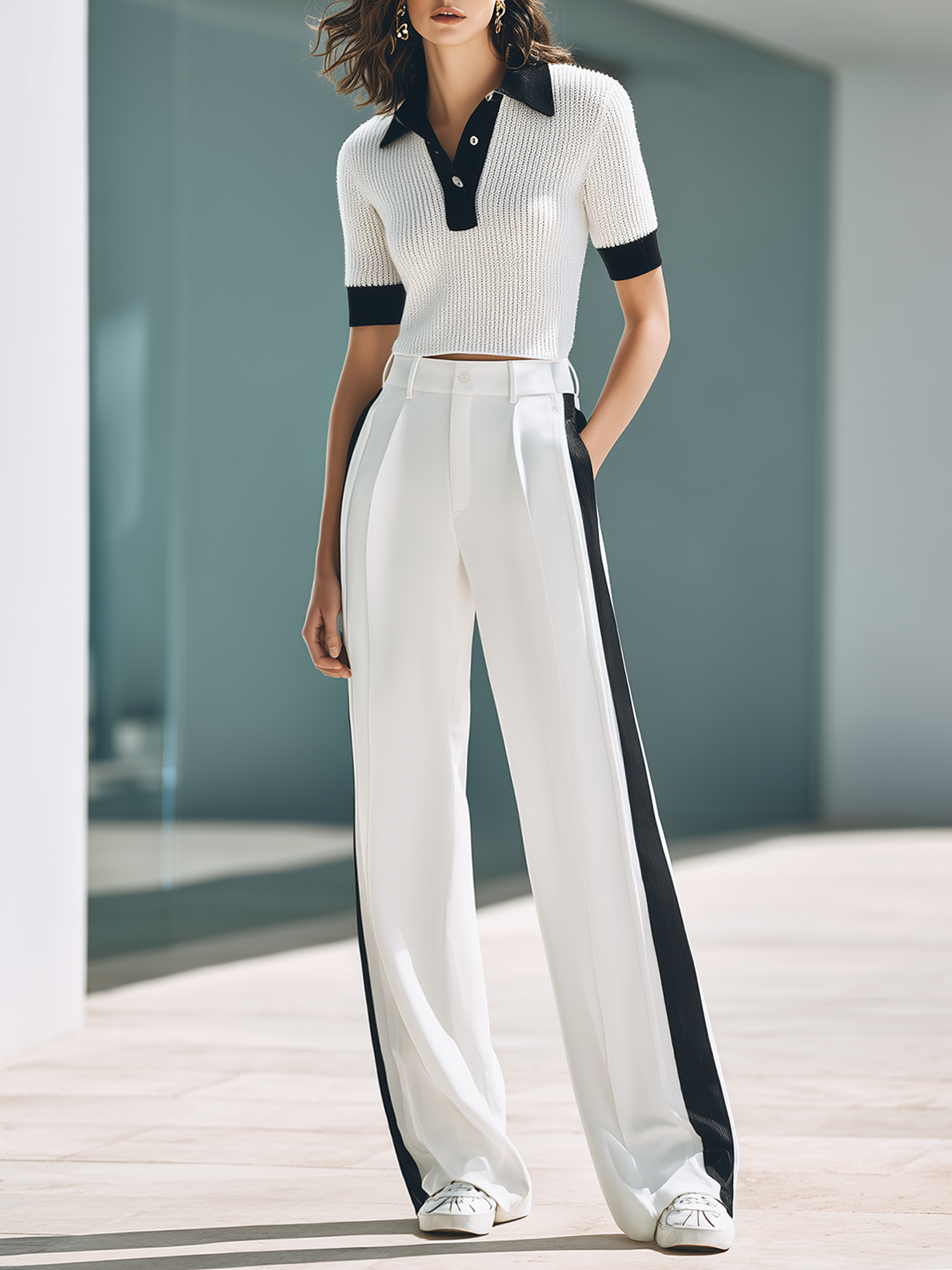 Black And White Color-block Knitted Polo Top And Wide-leg Trousers Set