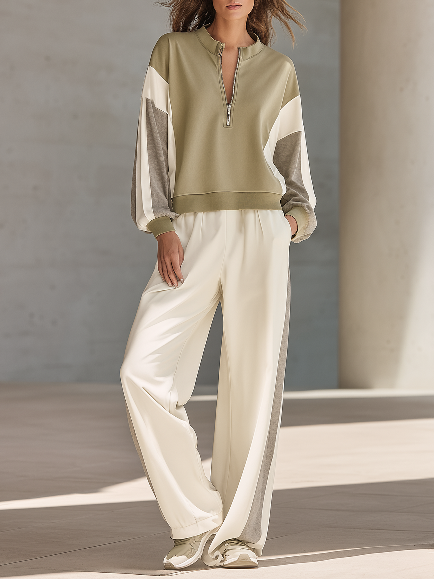 Olive Green Color-block Half-zip Mock-neck Top And Wide-leg Pants Set