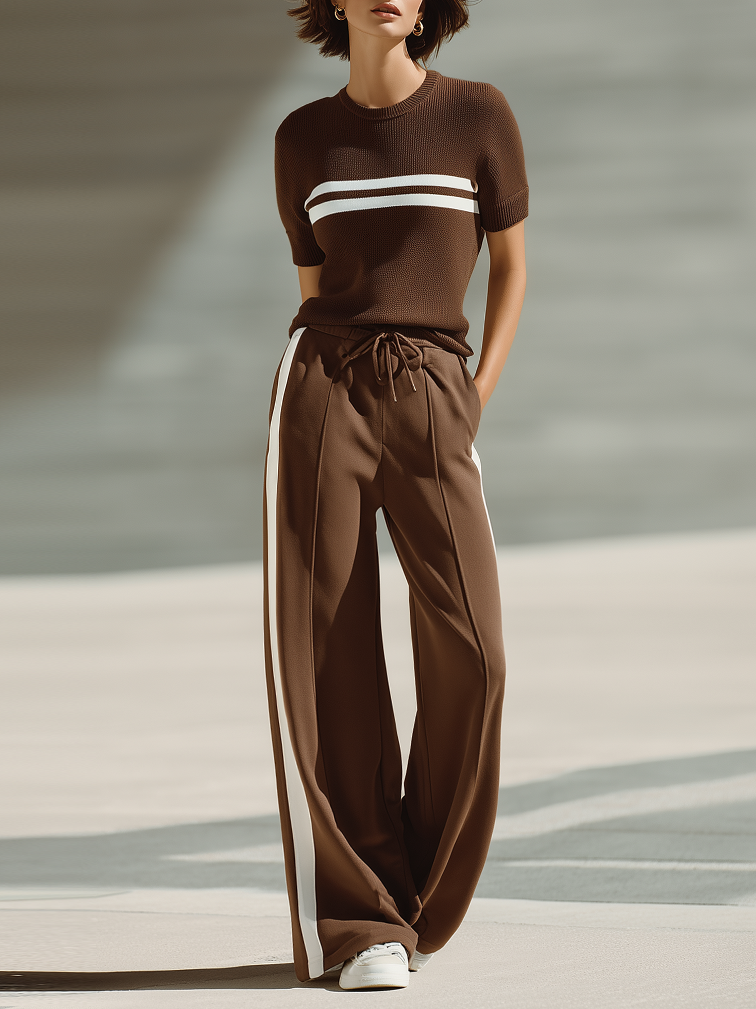 Brown And White Color-block Knit Top And Side-stripe Wide-leg Pants Set