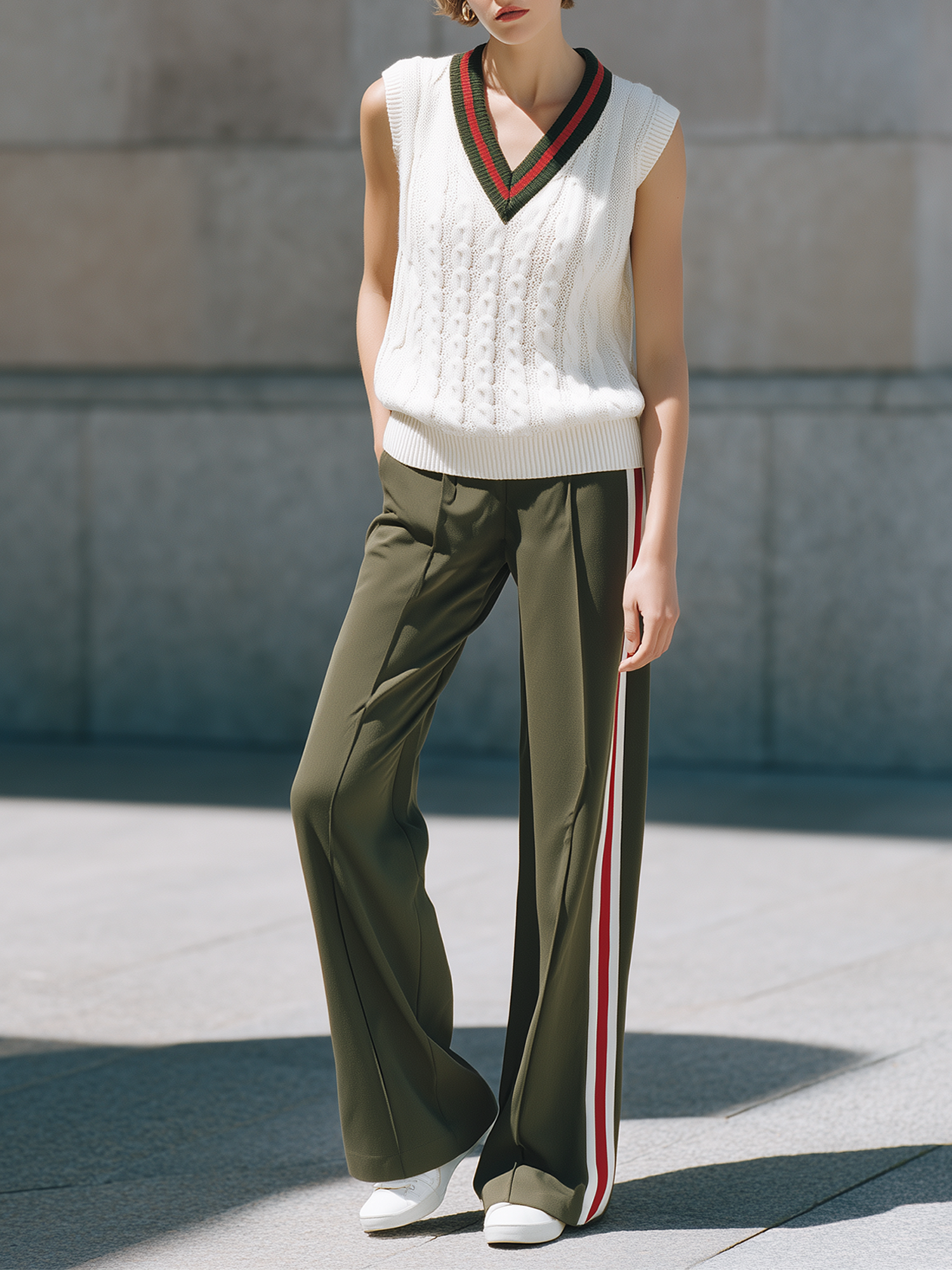 Color-block V-neck Cable-knit Vest And Side-tape Wide-leg Pants Set