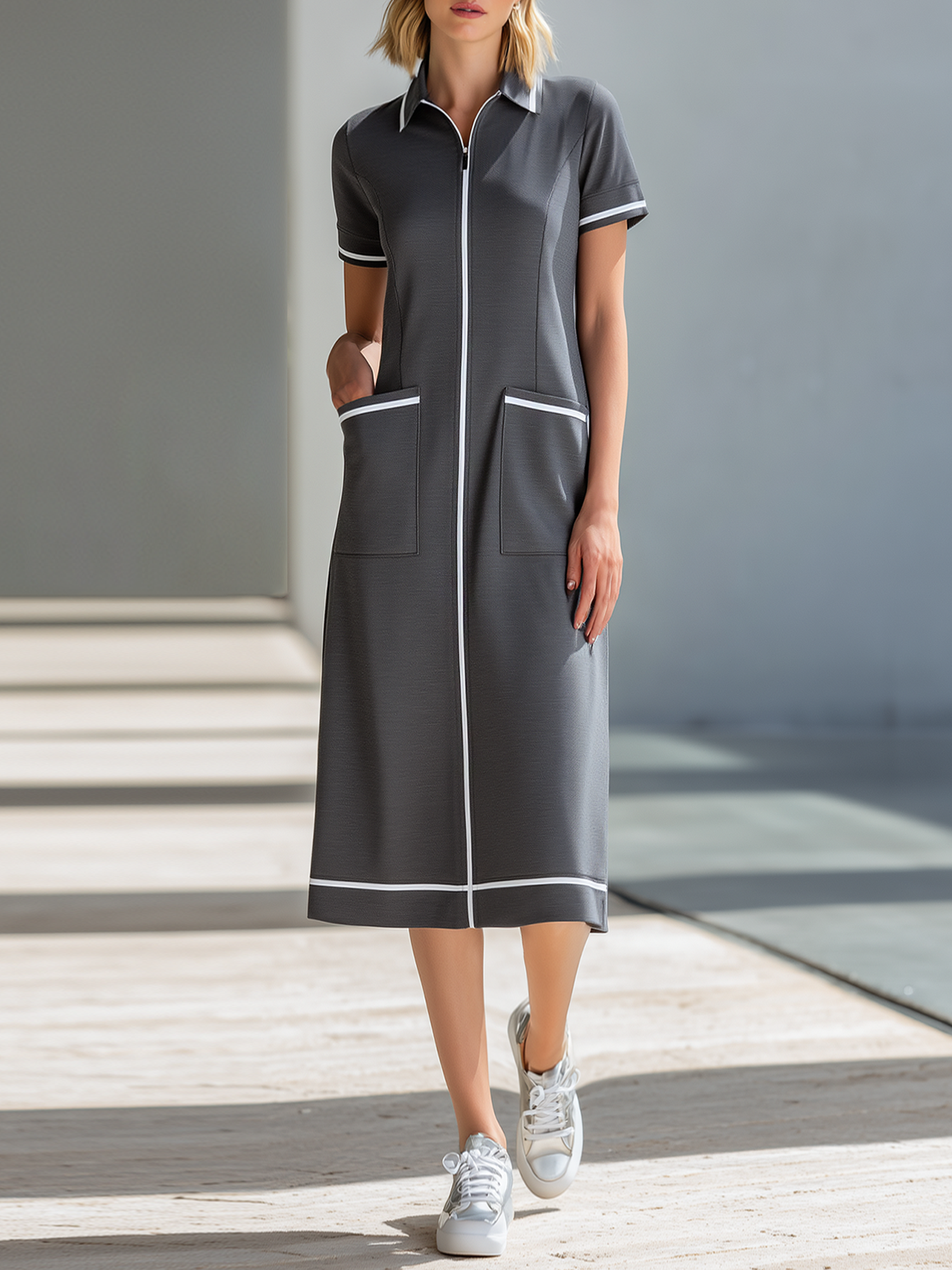 Charcoal Grey Color-block Collared Zip-front Midi Dress