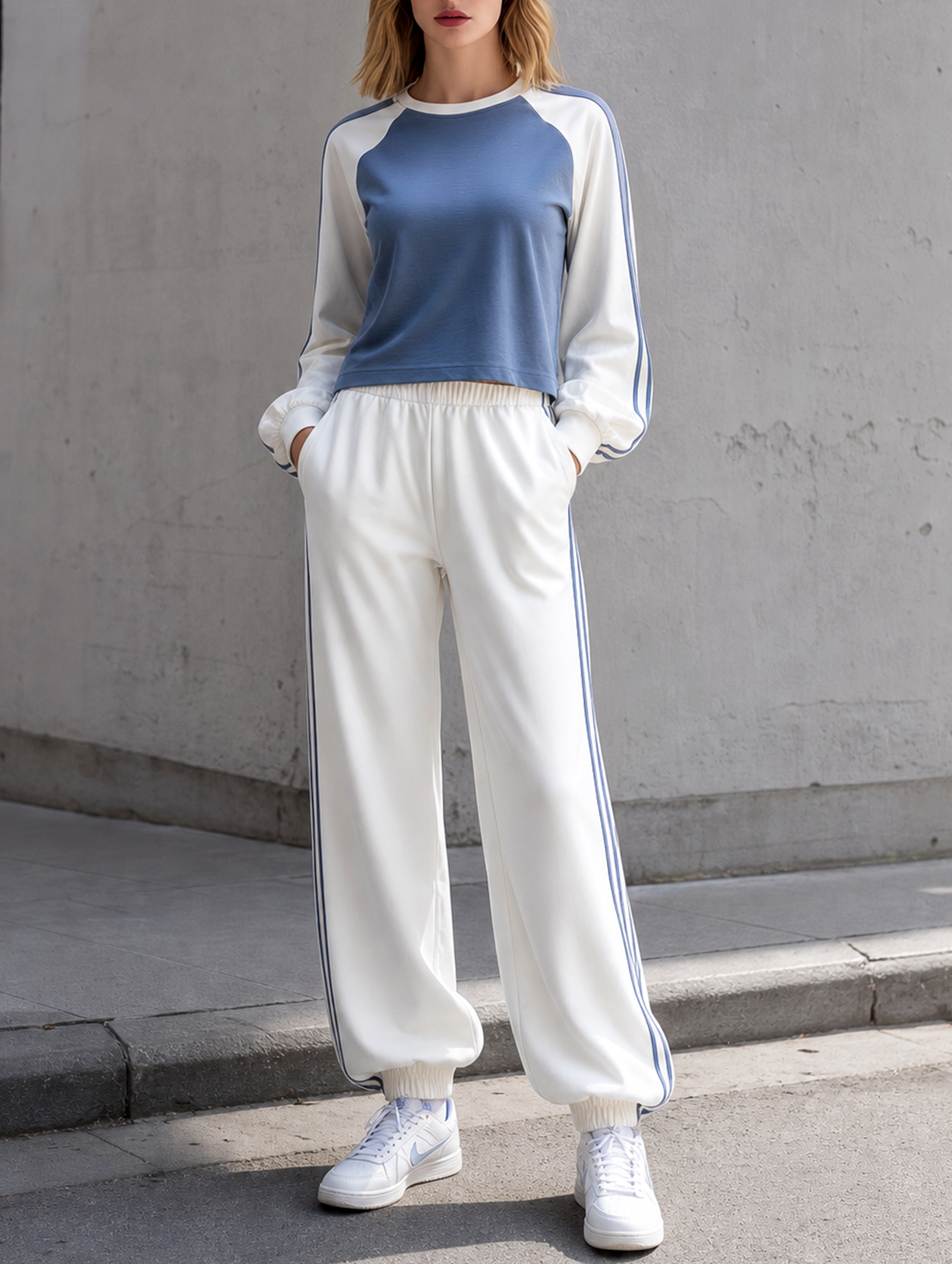 Blue Raglan-sleeve Cropped Top And Loose-fit Cuffed Pants Set