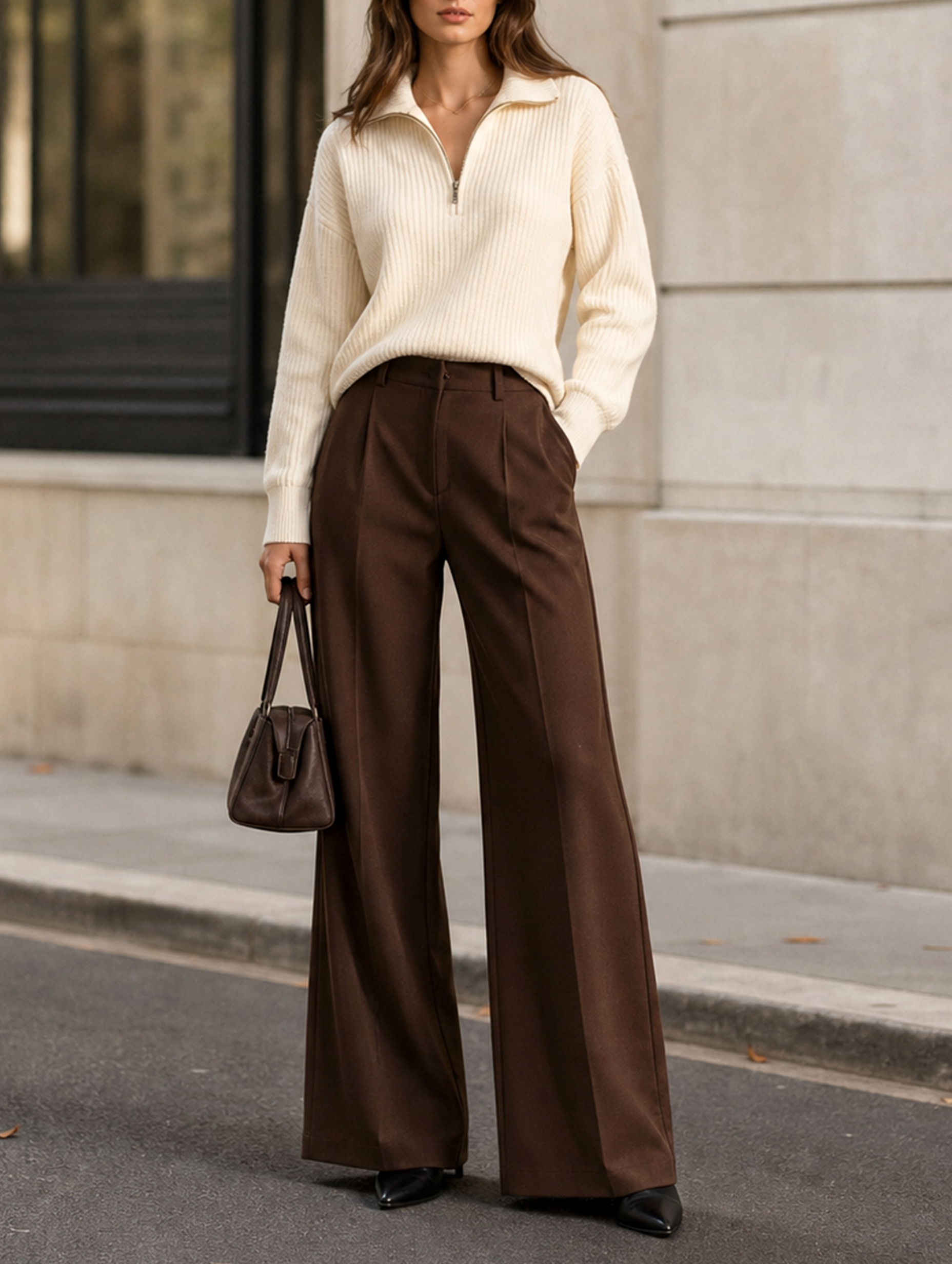 Off-white Half-zip Knit Top And Brown Wide-leg Trousers Set
