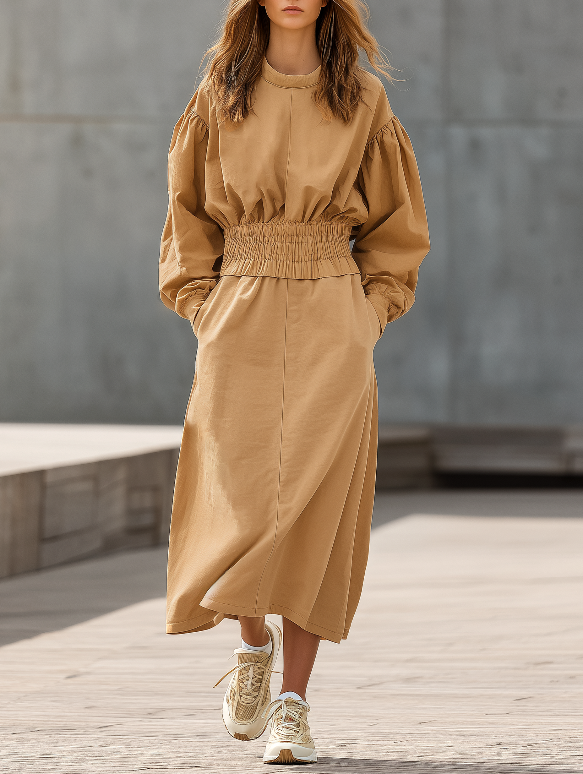 Caramel-colored Puff-sleeve Belted Top And A-line Skirt Set