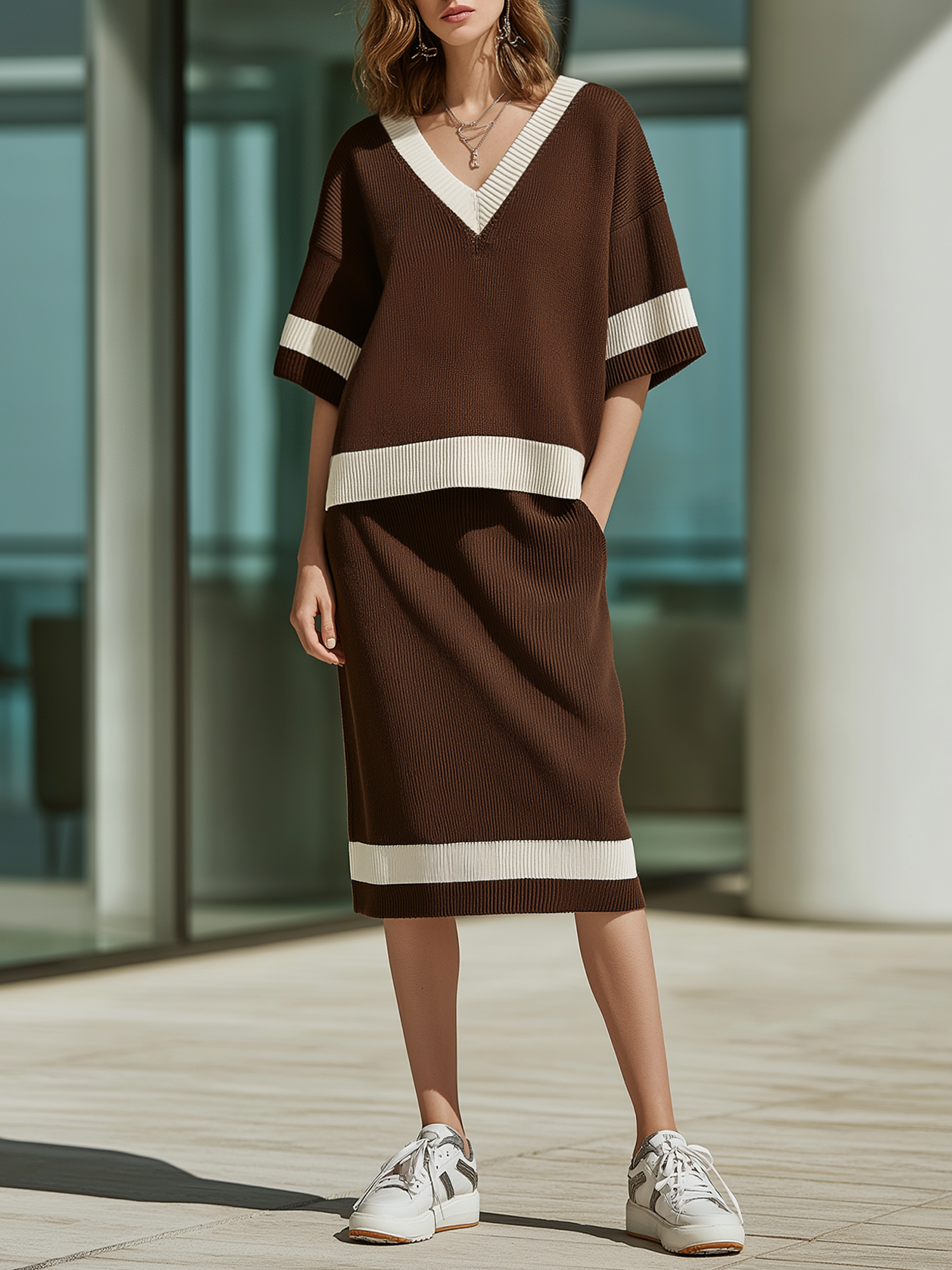 Brown Color-block V-neck Knit Top And Midi Knit Skirt Set