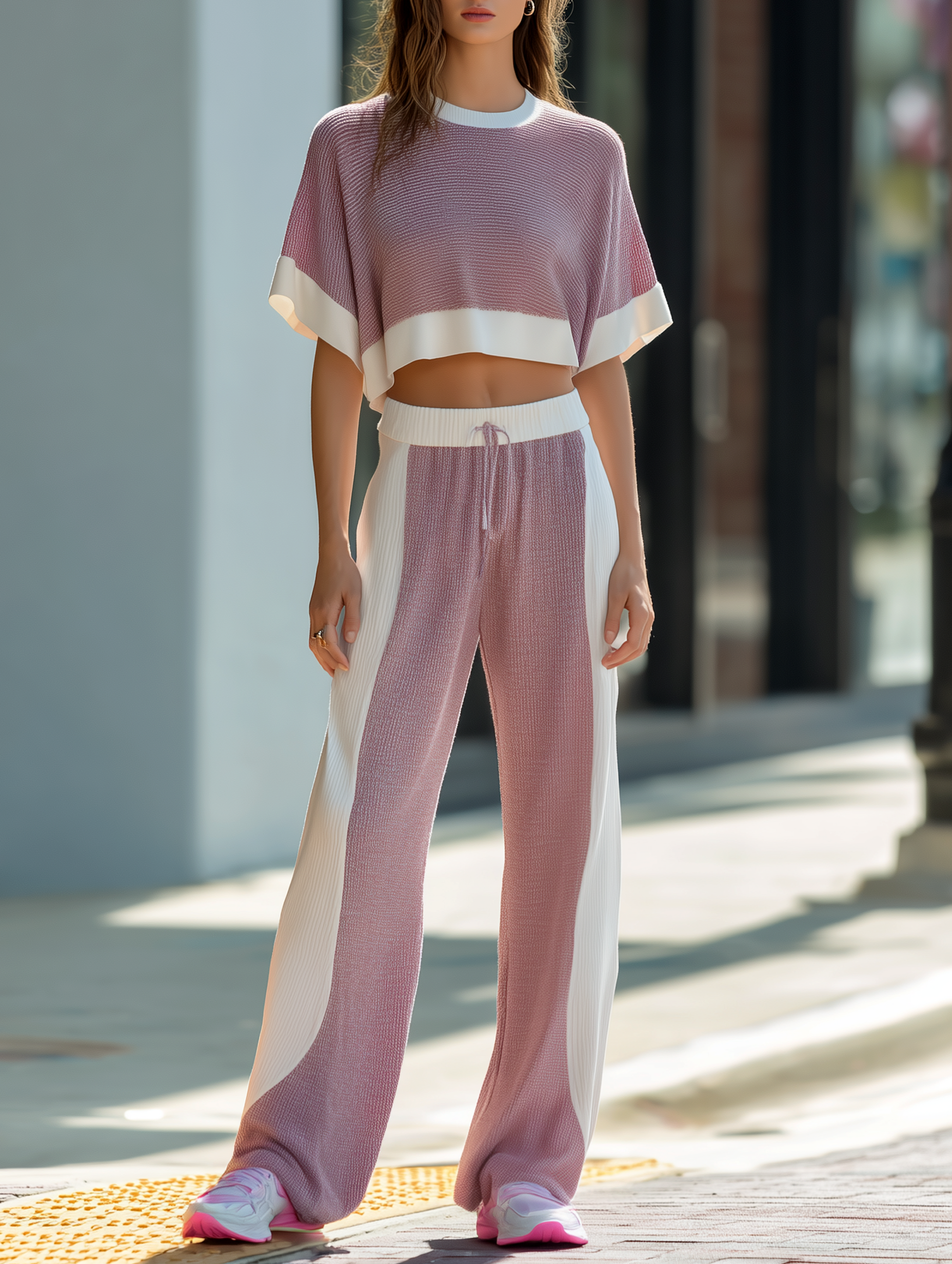 Pink And White Color-block Short-sleeved Top And Wide-leg Trousers Set