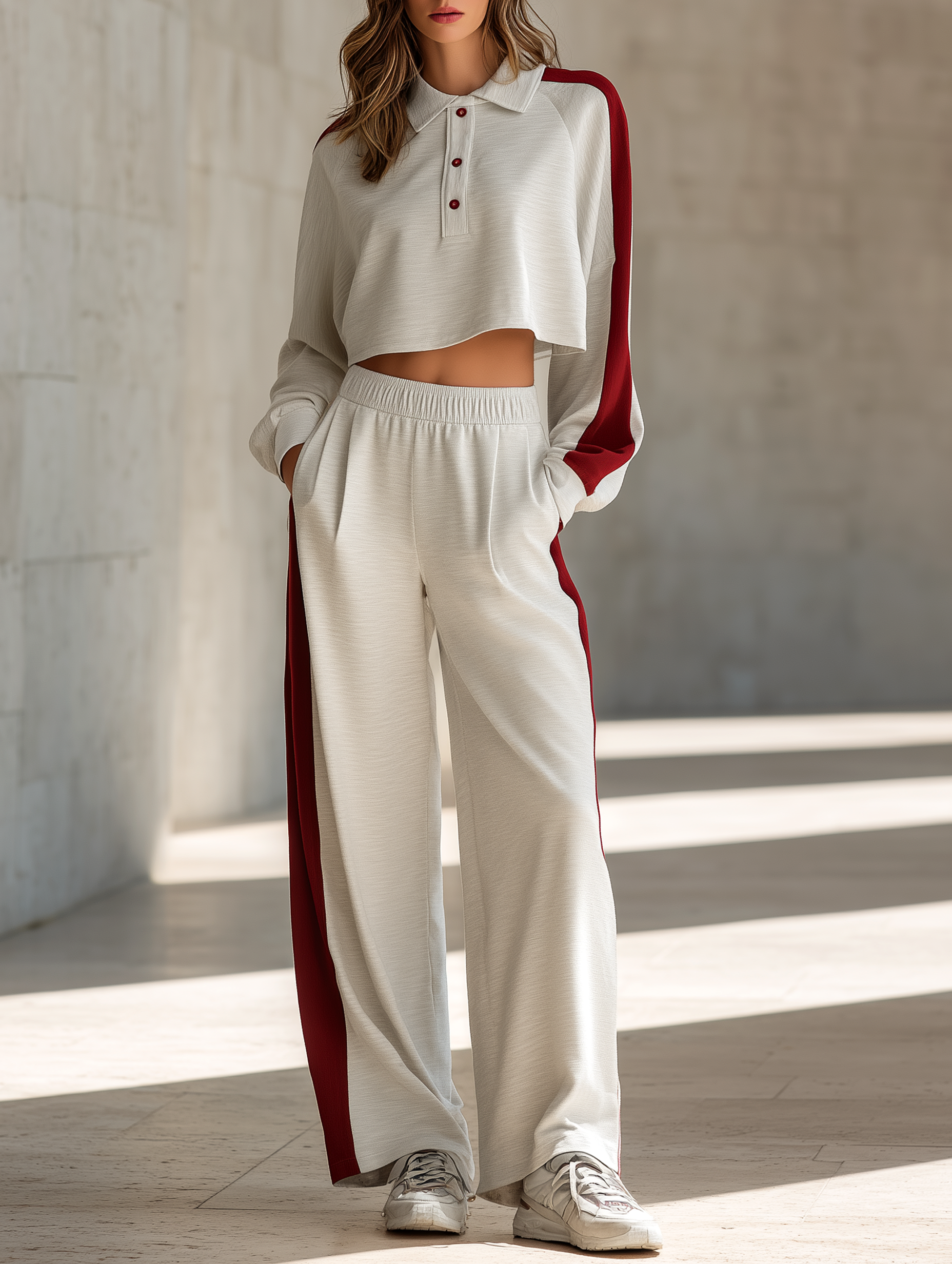 Light Grey Half-Button Polo Sweatshirt And Straight-Leg Sweatpants Set