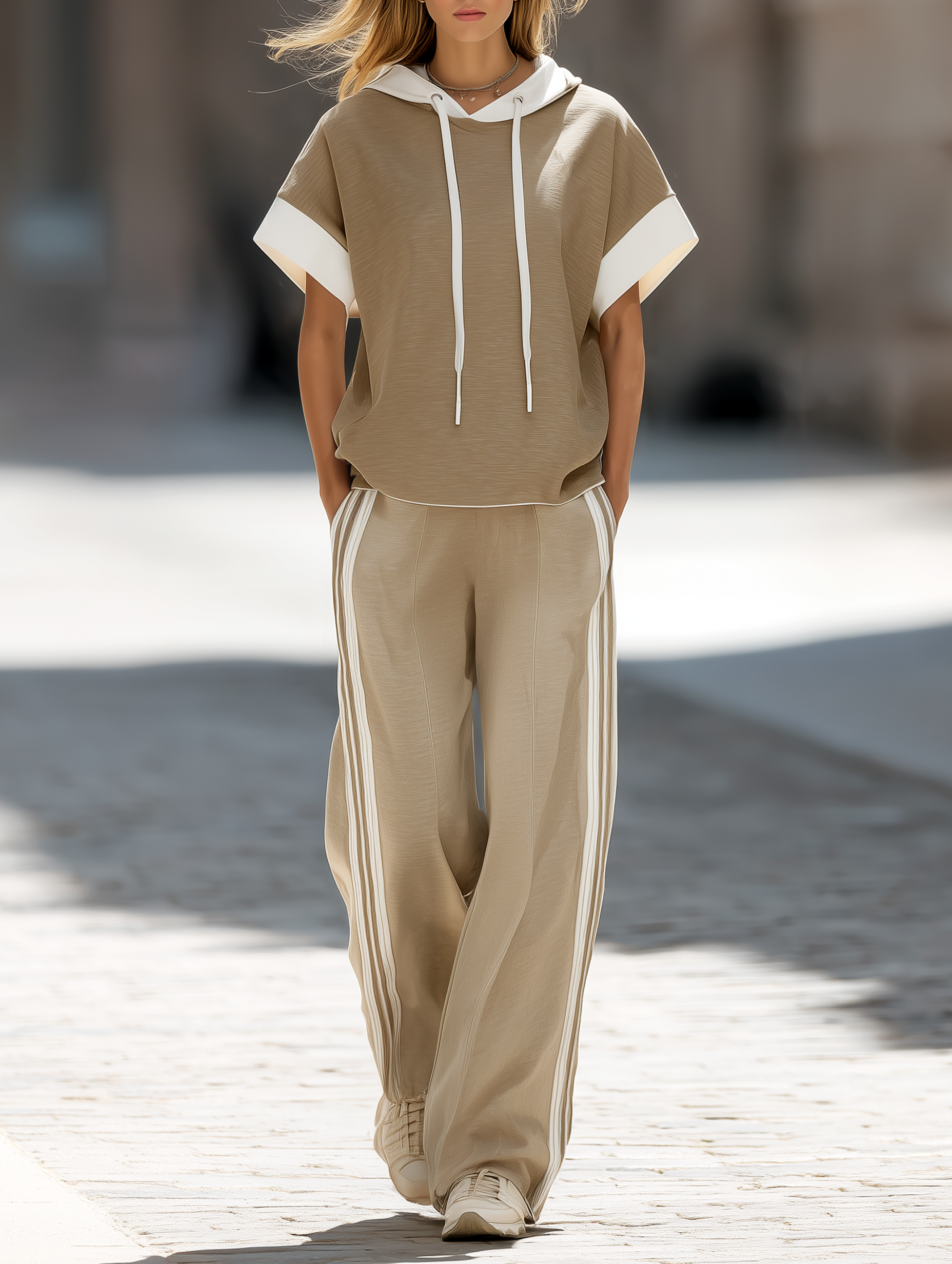 Khaki And White Short-Sleeve Hooded Top And Wide-Leg Pants Set