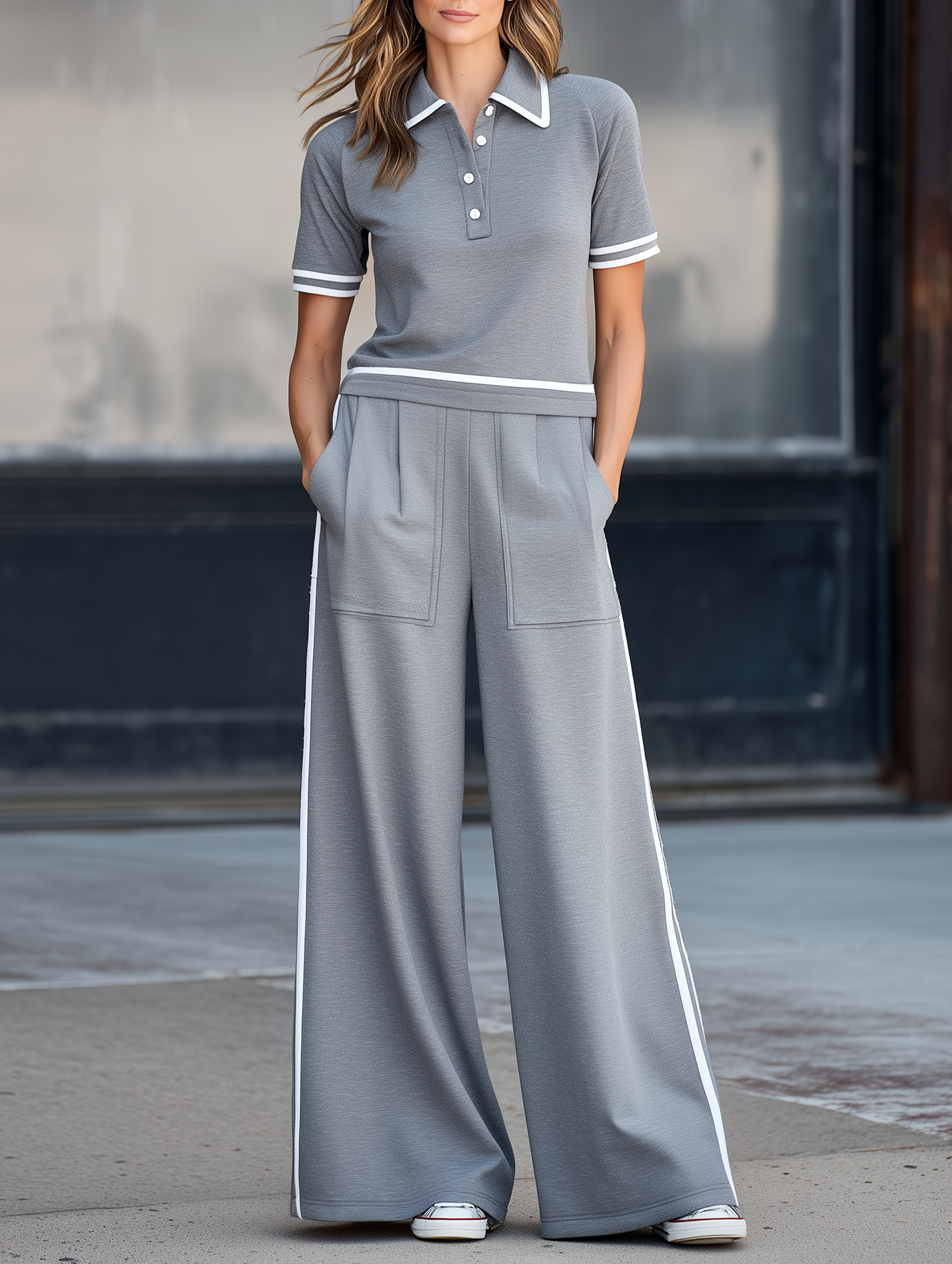 Grey Half-button Polo Shirt And High-waisted Loose Sweatpants Set
