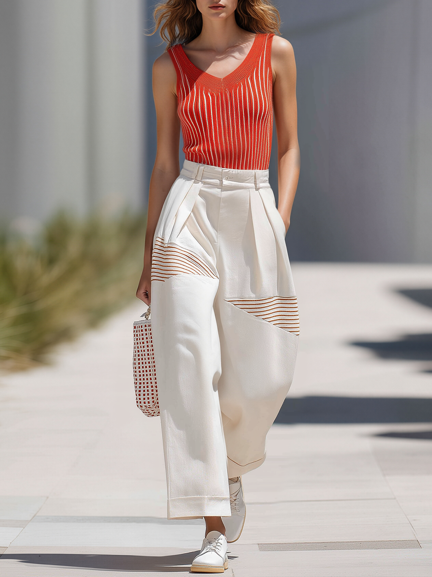 Orange-red V-neck Sleeveless Knit Vest And Off-white Paneled Striped Wide-leg Trousers Set