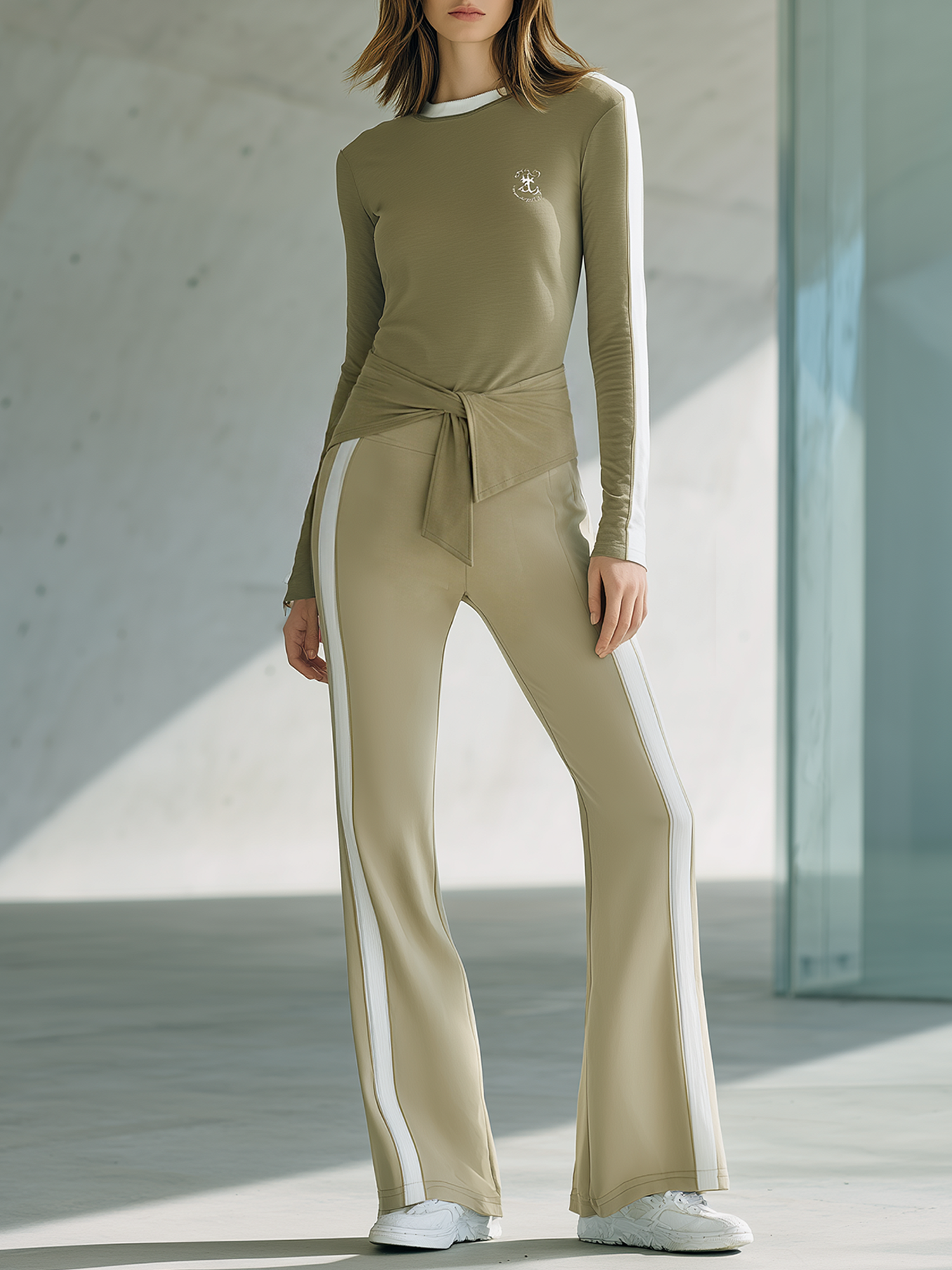 Olive Green Color-block Long-sleeve Lace-up Top And Side-stripe Slight-flare Pants Set