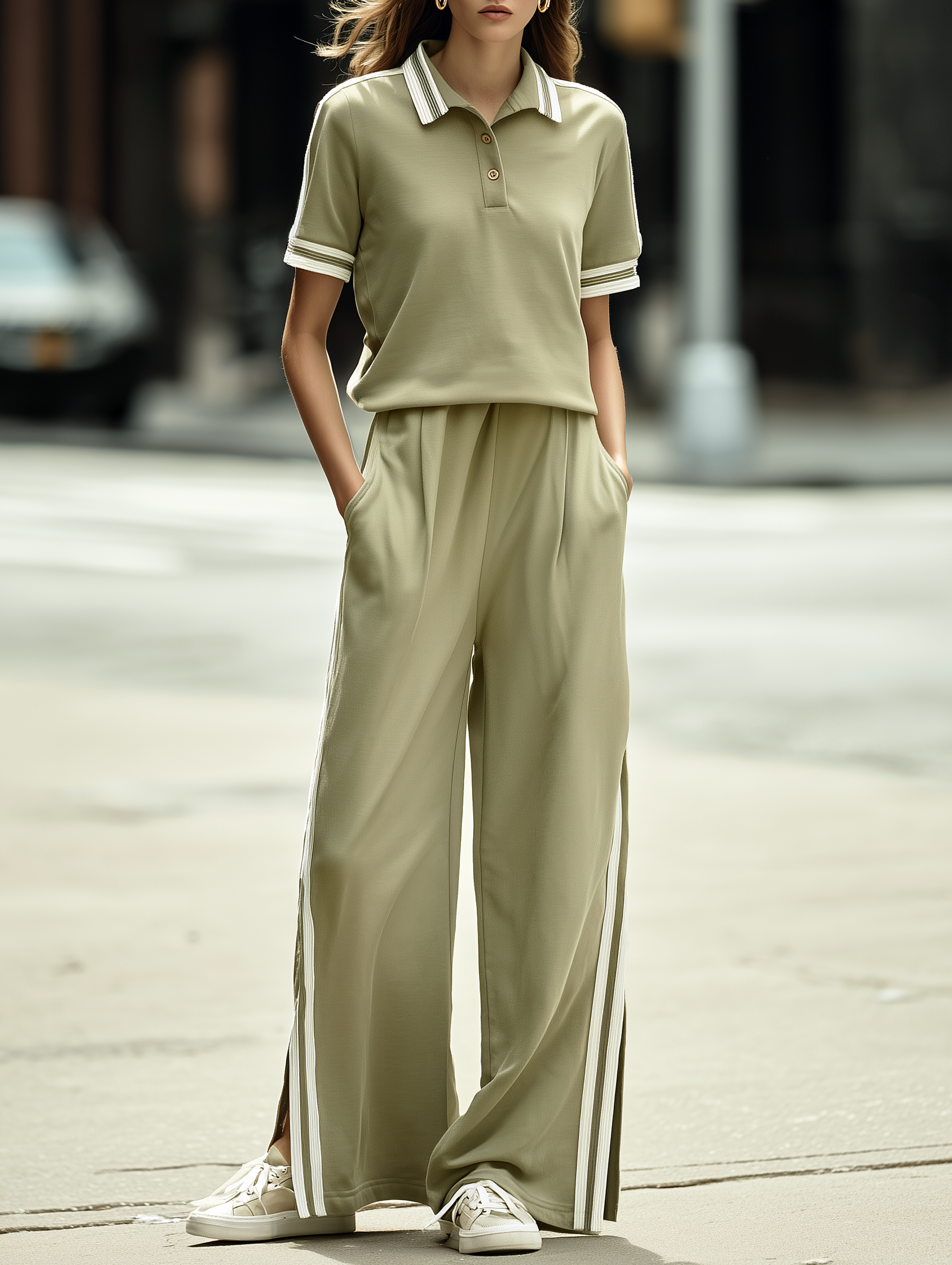Matcha Green Short-Sleeve Polo And Straight-Leg Pants Set