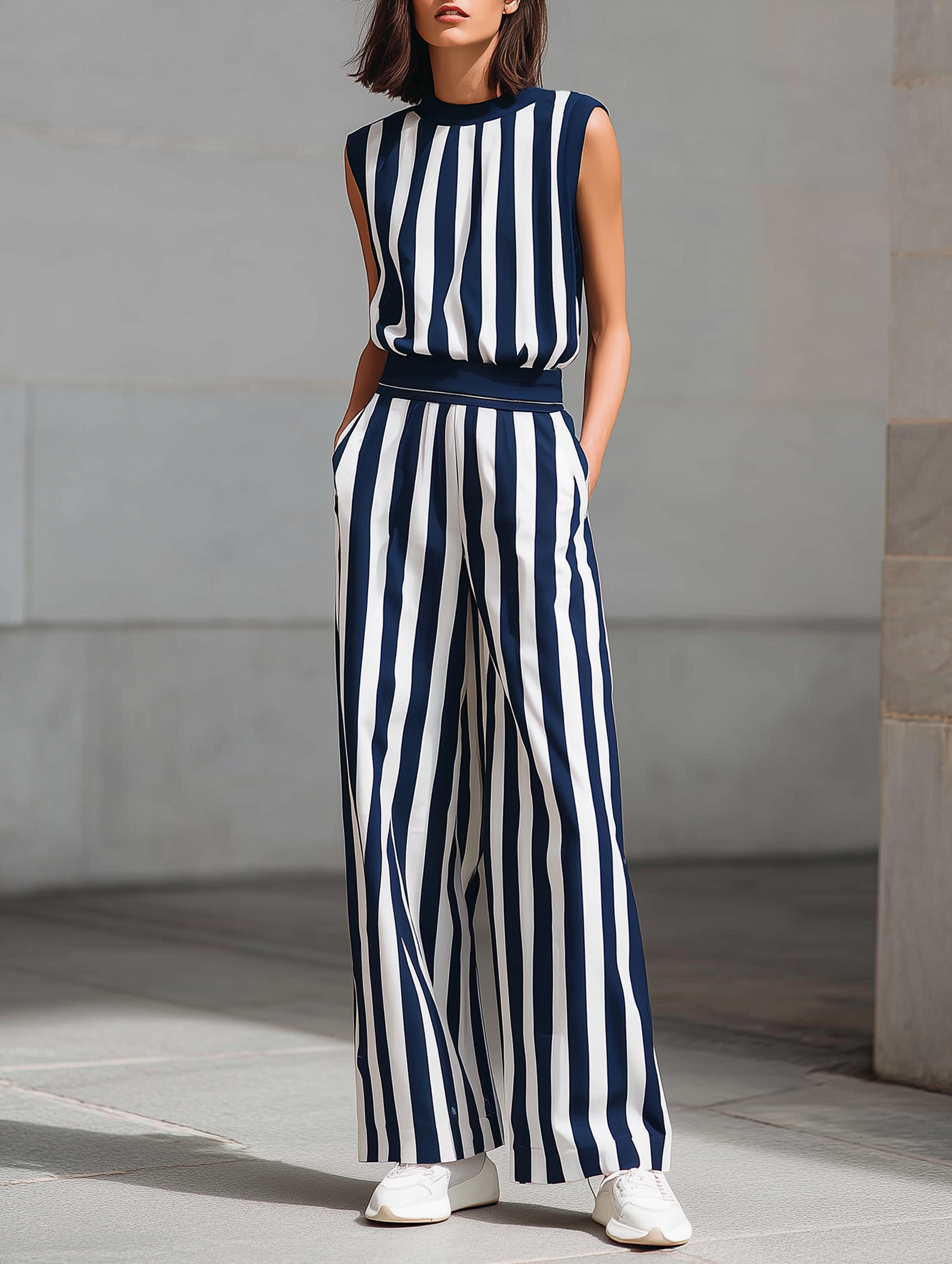 Navy Blue Vertical-striped Top And Wide-leg Trousers Set