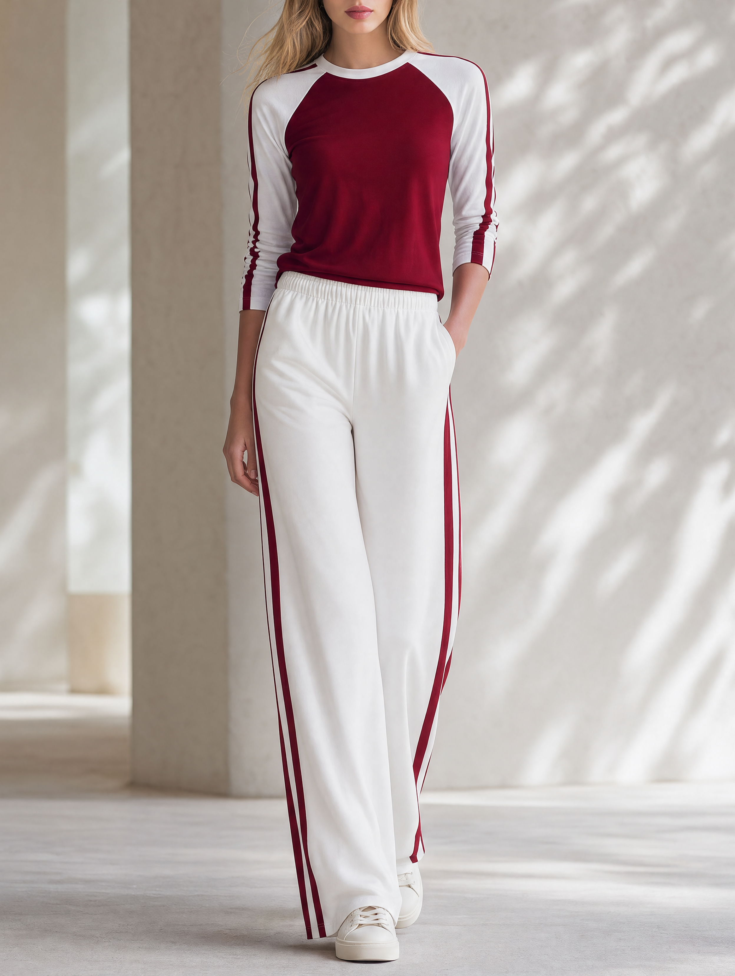 Burgundy Color-Block Long-Sleeve T-Shirt And Straight-Leg Pants Set