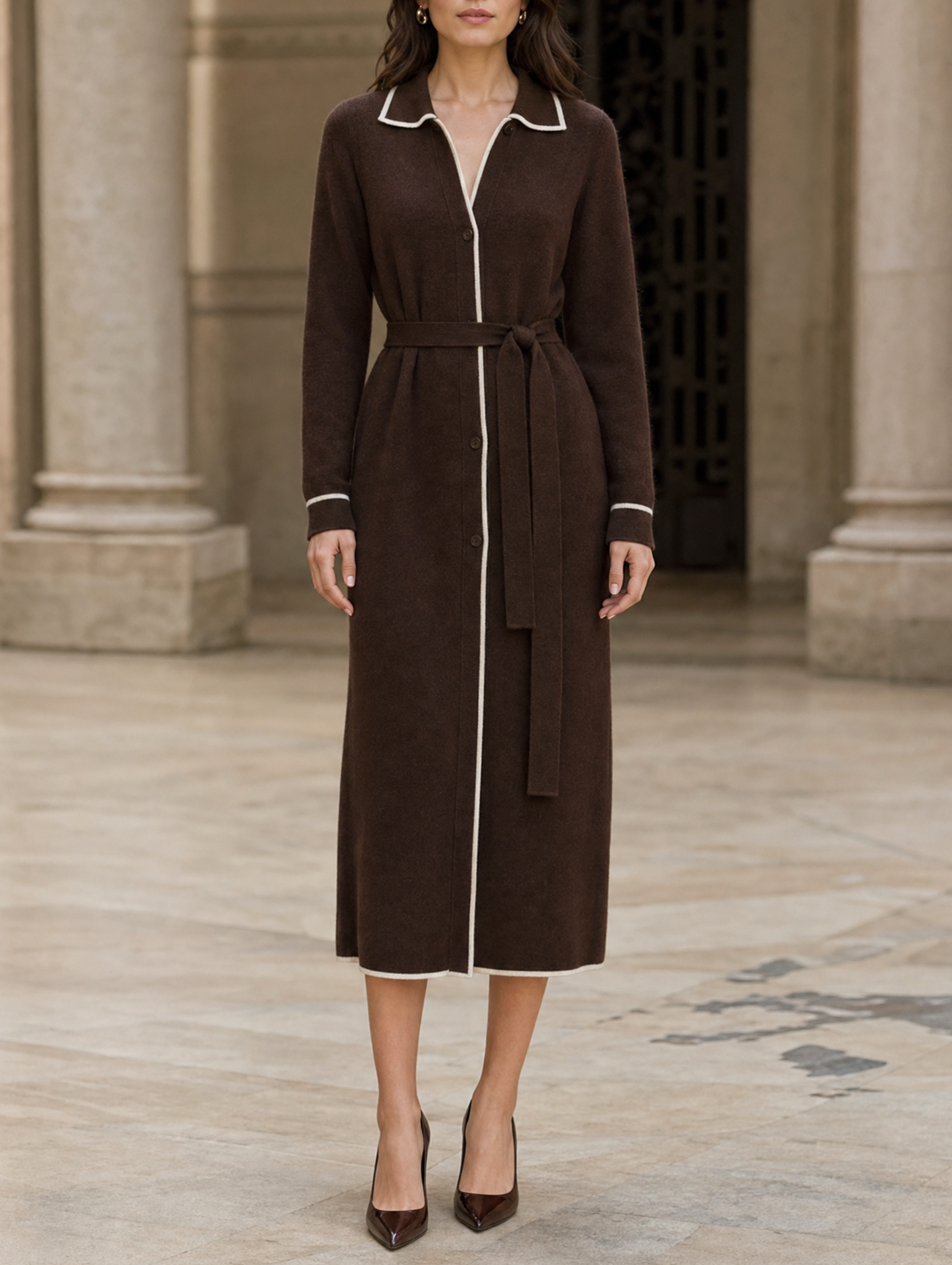 Brown Straight-cut Dress With A Lapel Collar And Waist-cinching Tie