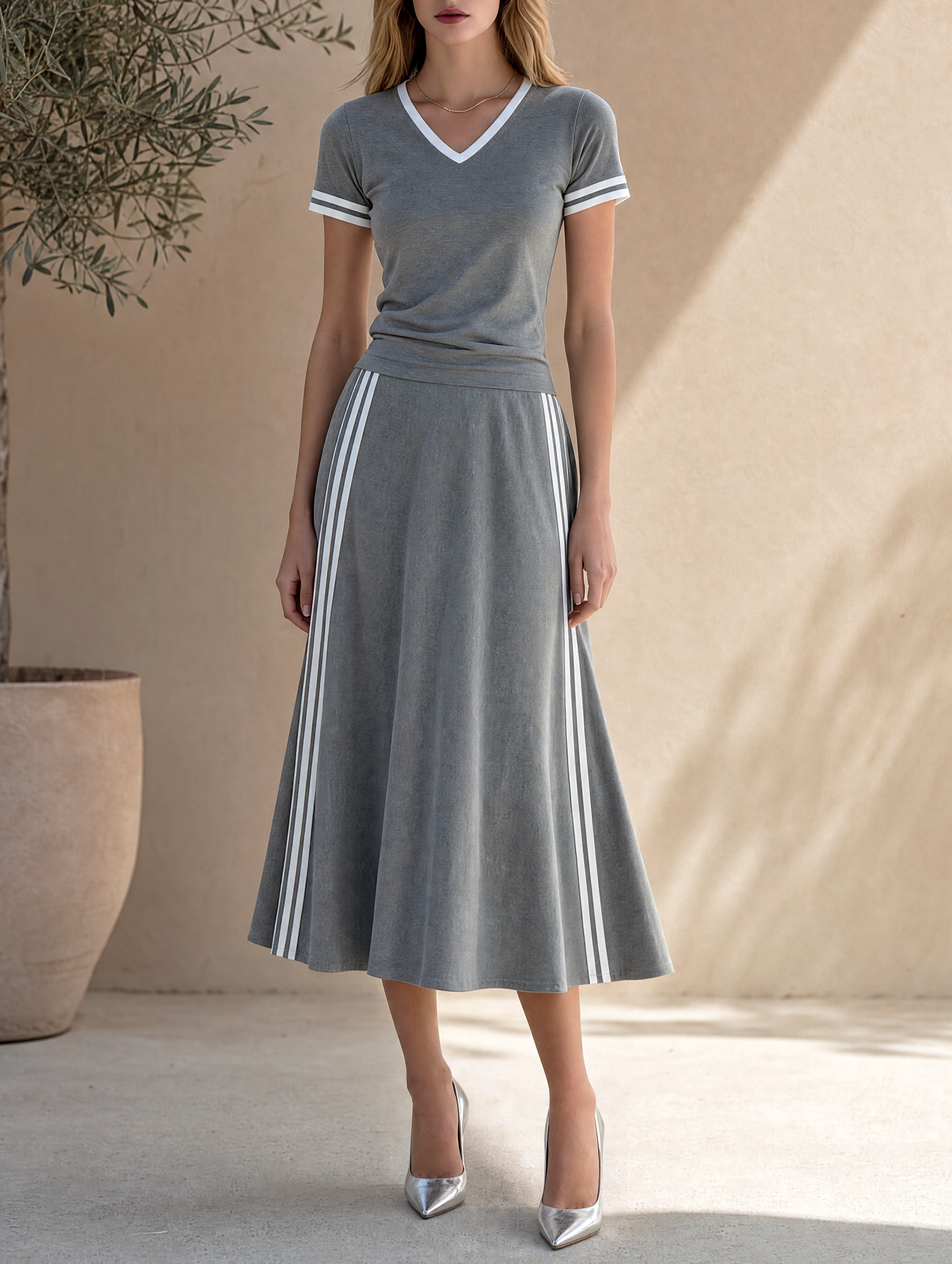 Grey V-neck Short-sleeve Top And High-waisted A-line Midi Skirt Set