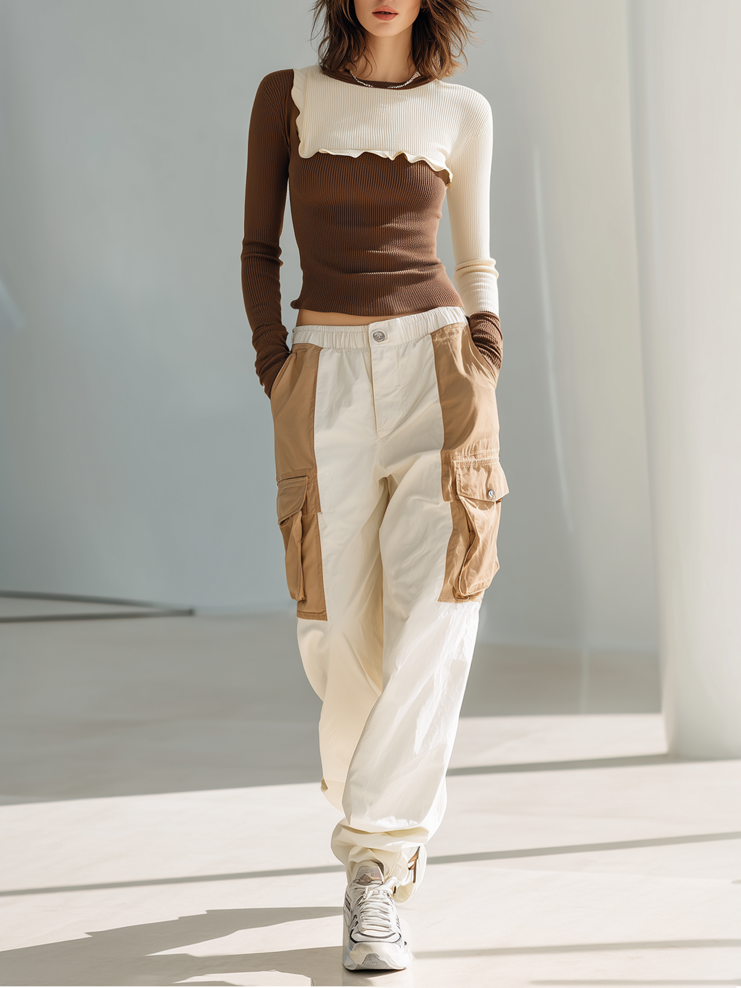 Brown And White Color-block Long-sleeve Ruffle Top And Utility Jogger Set