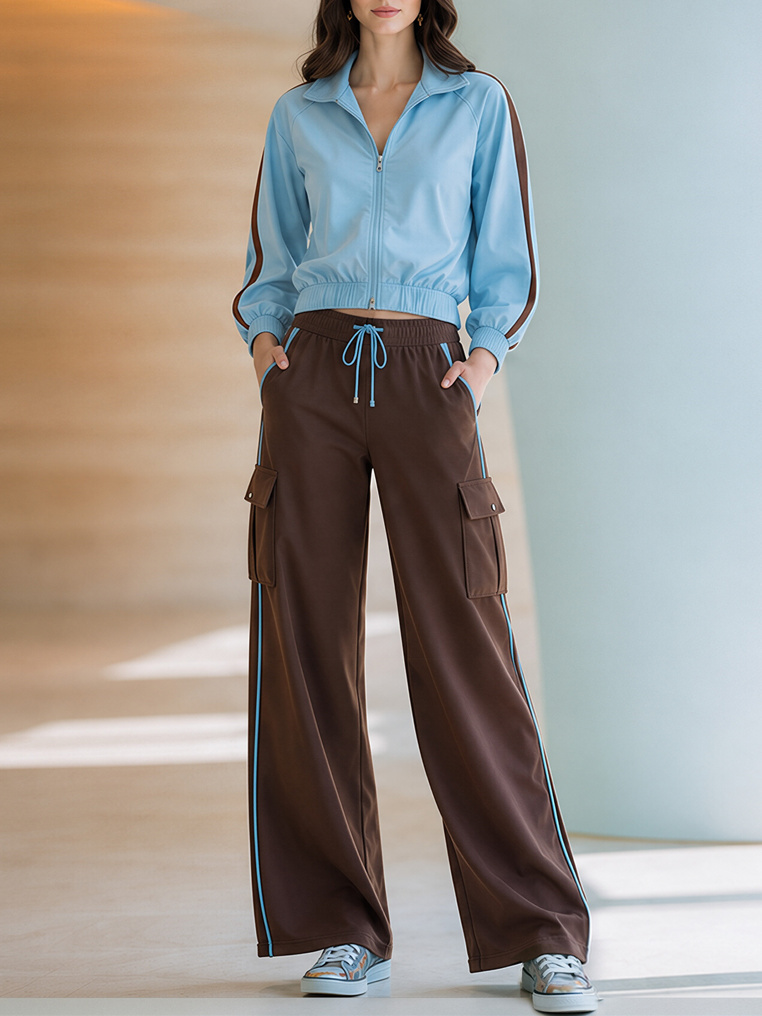 Light Blue Color-block Zip-up Jacket And Multi-pocket Wide-leg Cargo Pants Set