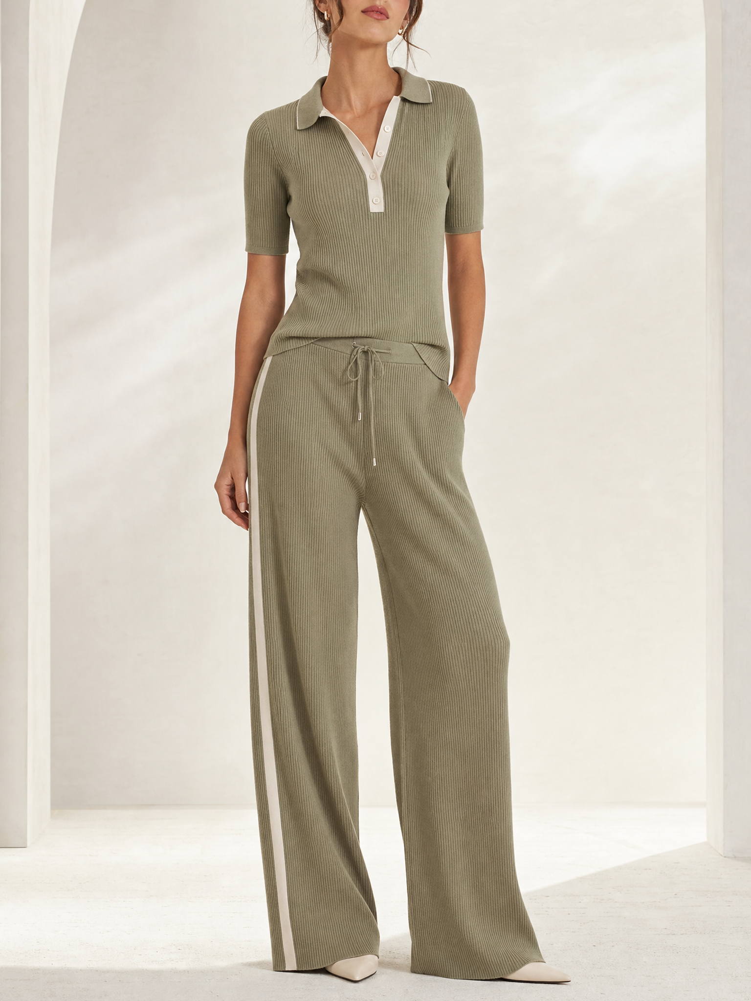 Light Olive Green Short-Sleeve Collared Top And Straight-Leg Pants Set
