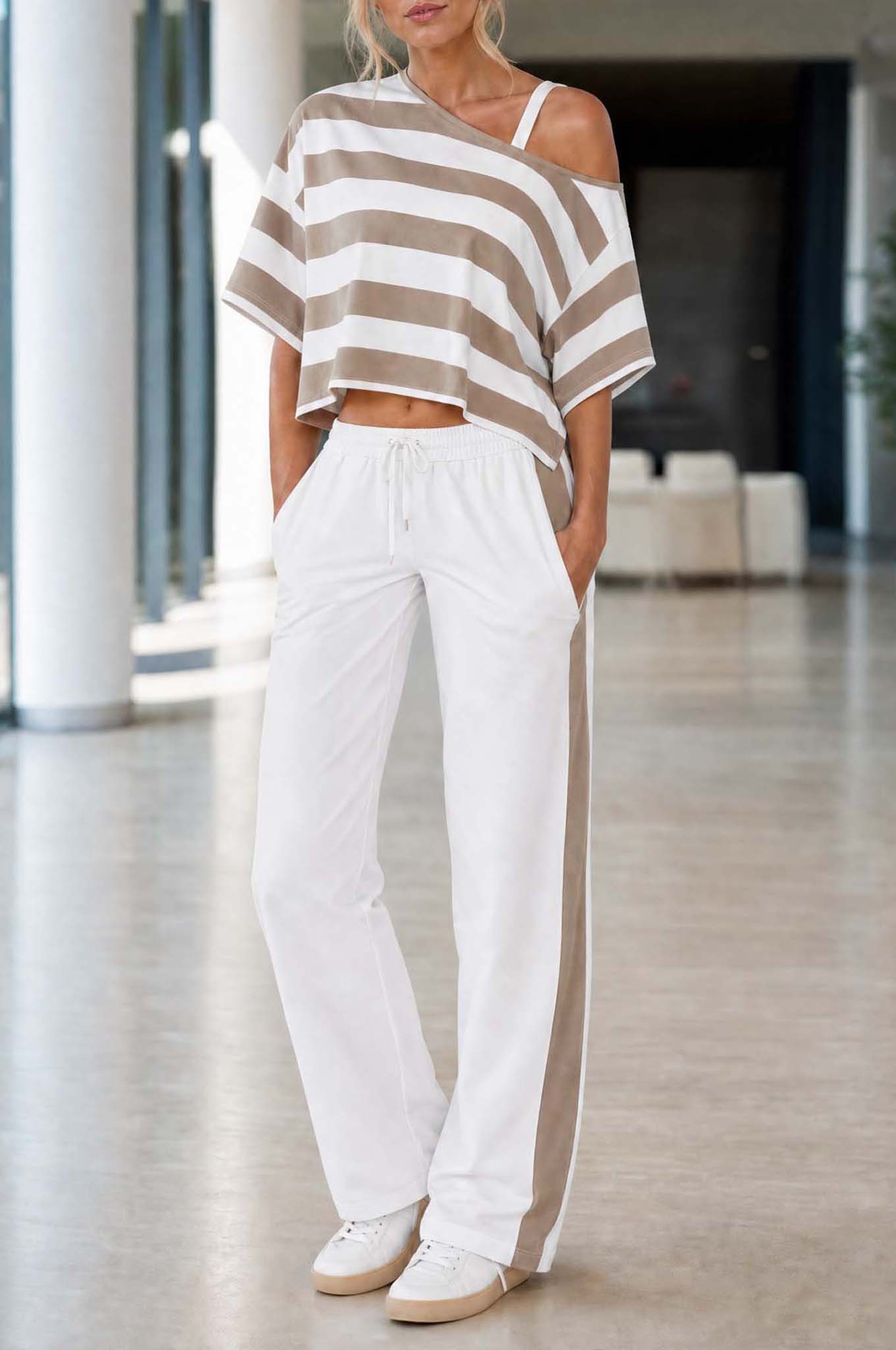 Casual-chic Light Brown Striped Off-shoulder Top And Trousers Set