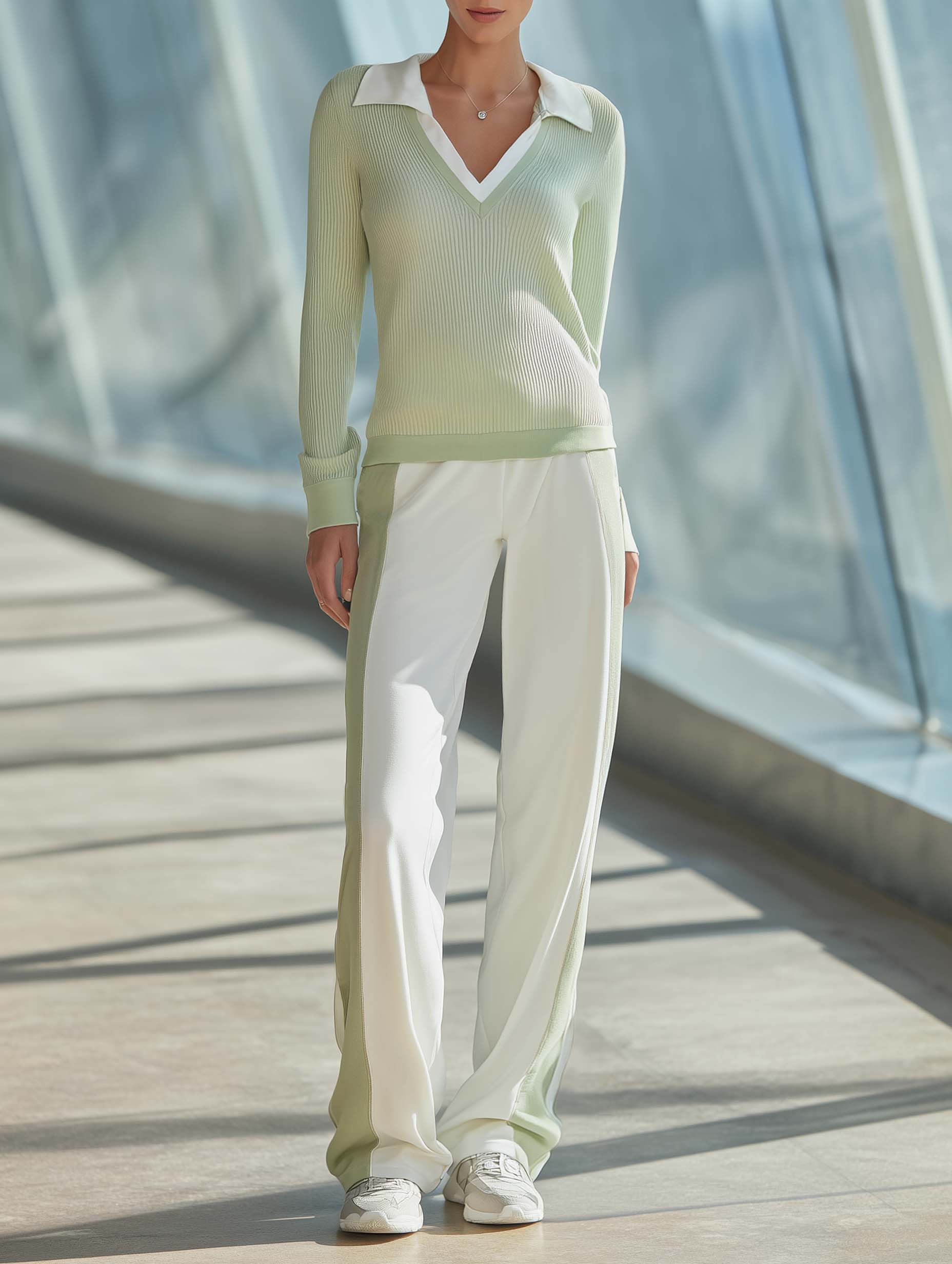 Casual, Minimalist Light Green V-neck Long-sleeve Top And Color-block Trousers Set