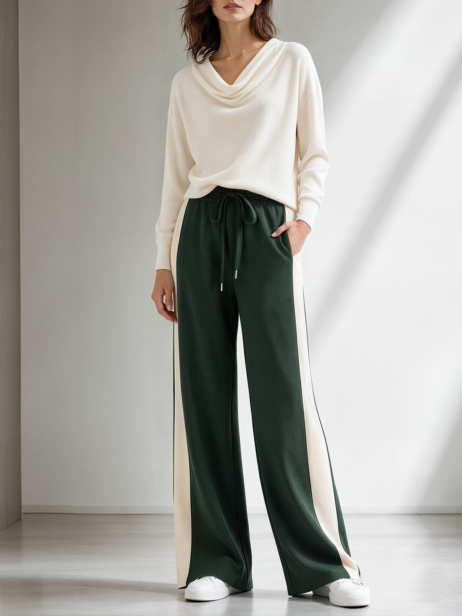 Off-white Cowl-neck Knit Top And Dark Green Color-block Trousers Set.