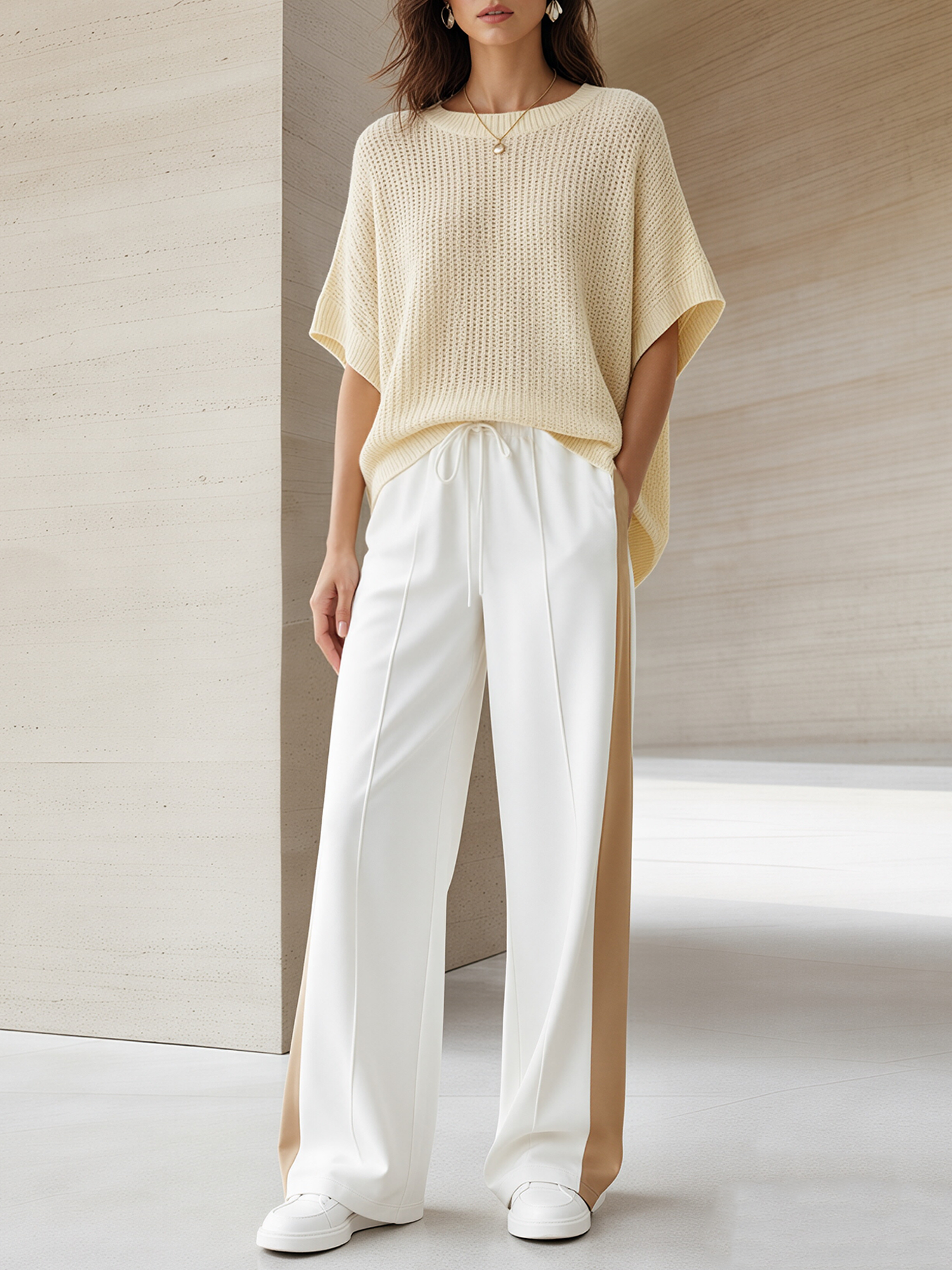 Pale Yellow Batwing-sleeve Knit Top And Color-block Wide-leg Trousers Set