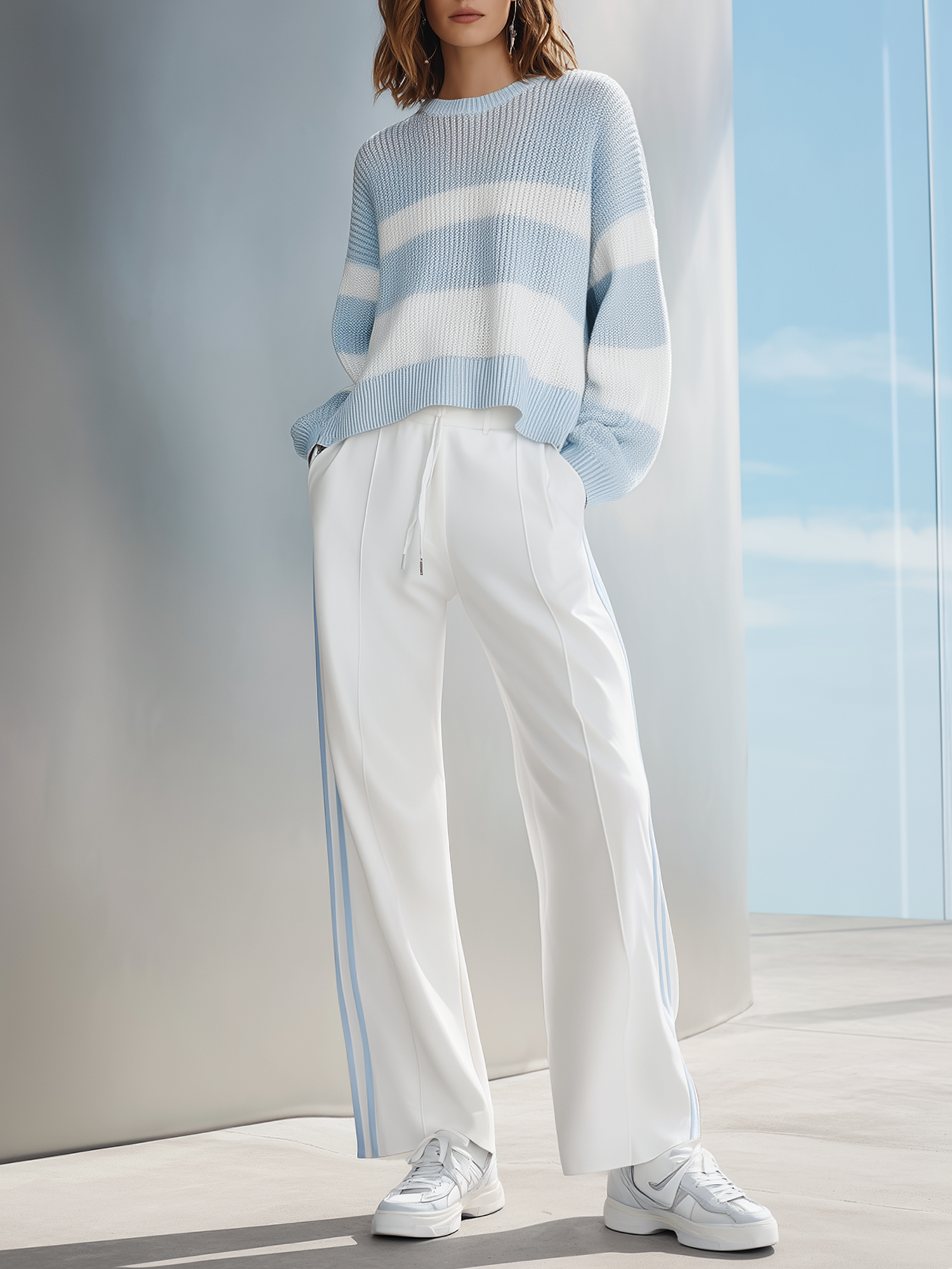Light Blue Color-block Striped Open-knit Top And Draped Wide-leg Trousers Set